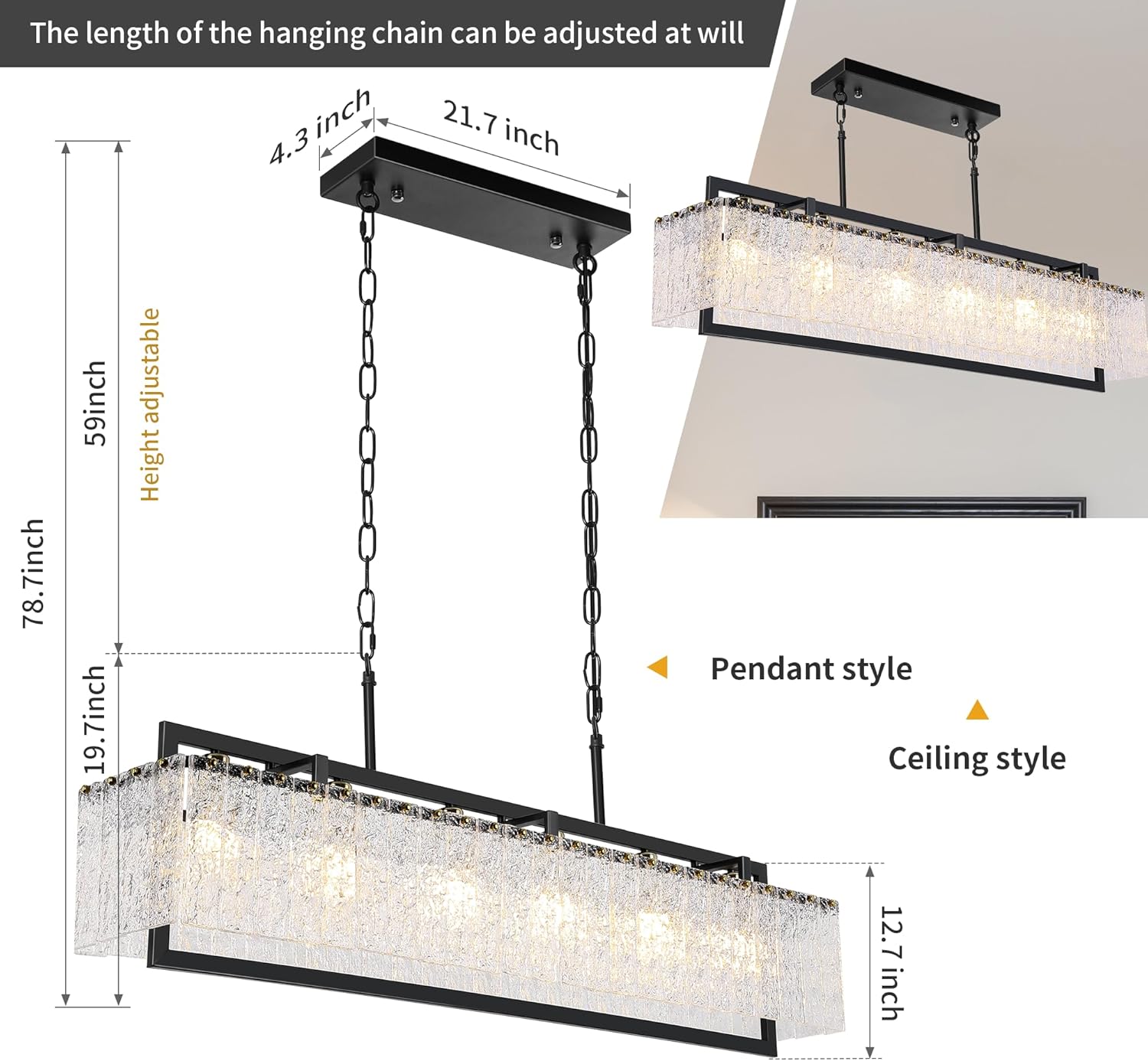 Diagram showing the dimensions of the chandelier and adjustable chain length