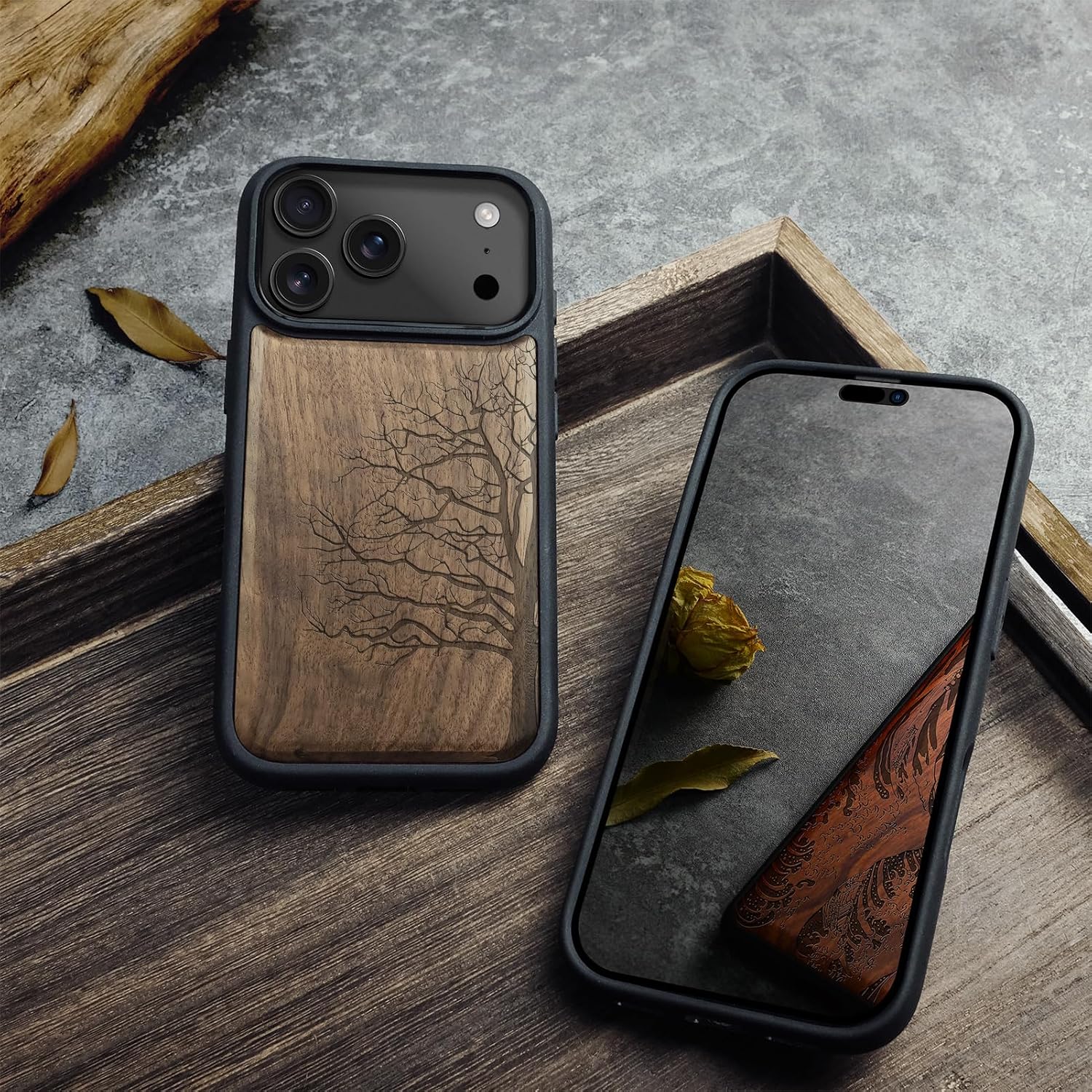 Carveit Magnetic Wooden Case for iPhone 17 Pro Case, Wood Artisan Engraved & Black Soft TPU Shockproof Cover, Compatible with MagSafe Wireless Chargers (The Bare Tree) Walnut