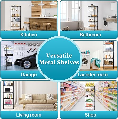 Miniatura 7 de Estantería de 5 alambres ajustable, estante de almacenamiento de metal con patas niveladoras para armario, lavandería, despensa, cocina, garaje,