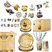 Aitsite Pirate Party Tableware for 12 Guests, Pirate Party Plates, Birthday Tableware, Pirate Ship Party Paper Plates, Cups Napkins, Boys Girls Pirate Children's Birthday Decoration