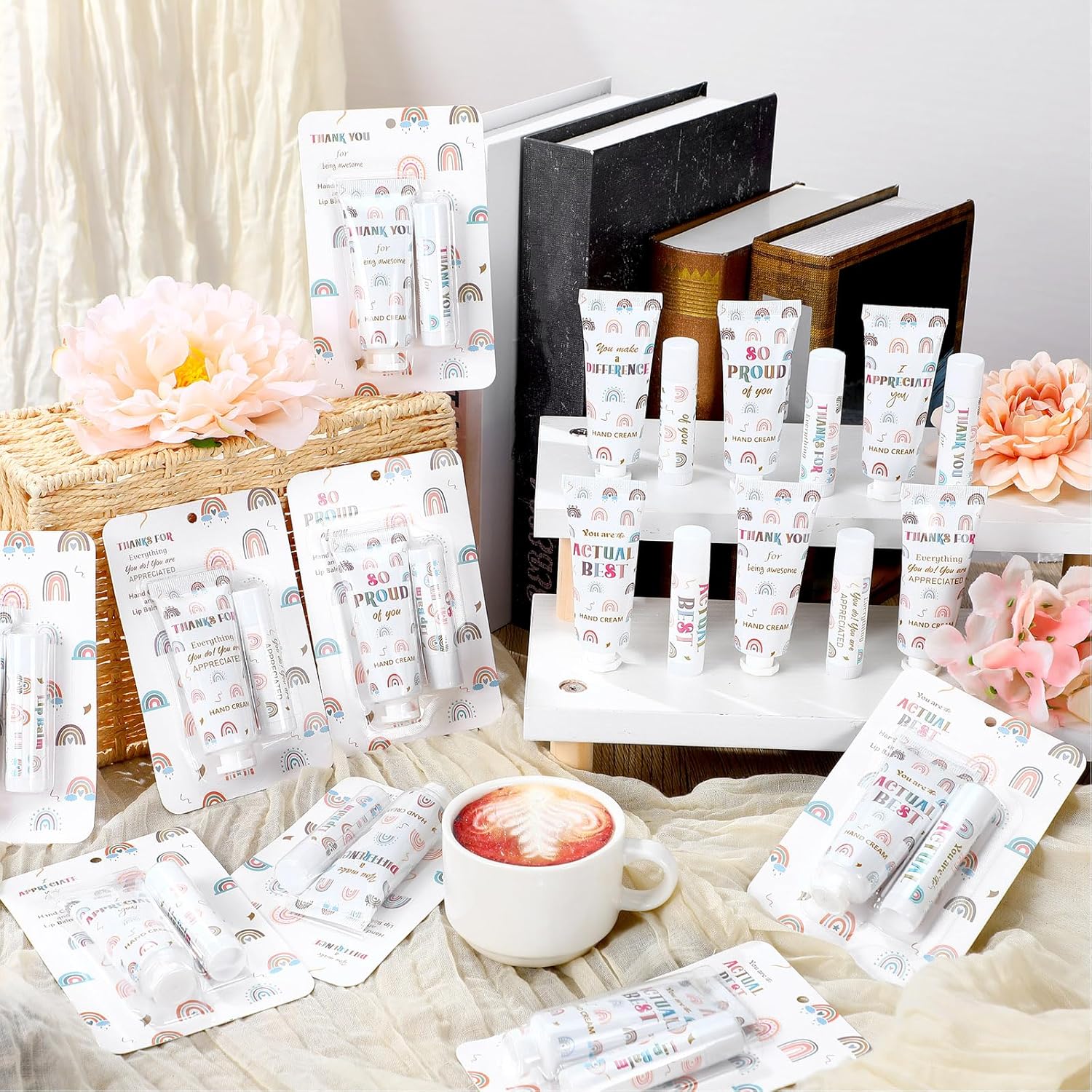 Loopeer 24 Set/ 48 Pcs Teacher Employee Appreciation Gift Bulk Boho Rainbow Lip Balm Hand Cream Lotion Set Small Staff Team Thank You Gifts Party Favors for Women Employee Coworker