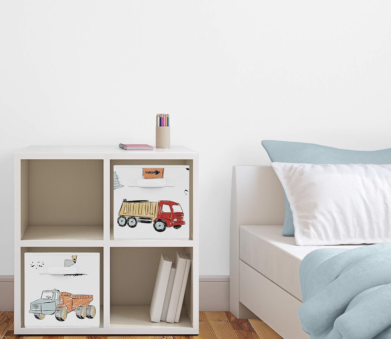 Sweet Jojo Designs Construction Truck Foldable Fabric Storage Cube Bins Boxes Organizer Toys Kids Baby Childrens - Set of 2 - Grey Yellow Black Blue and Green Transportation