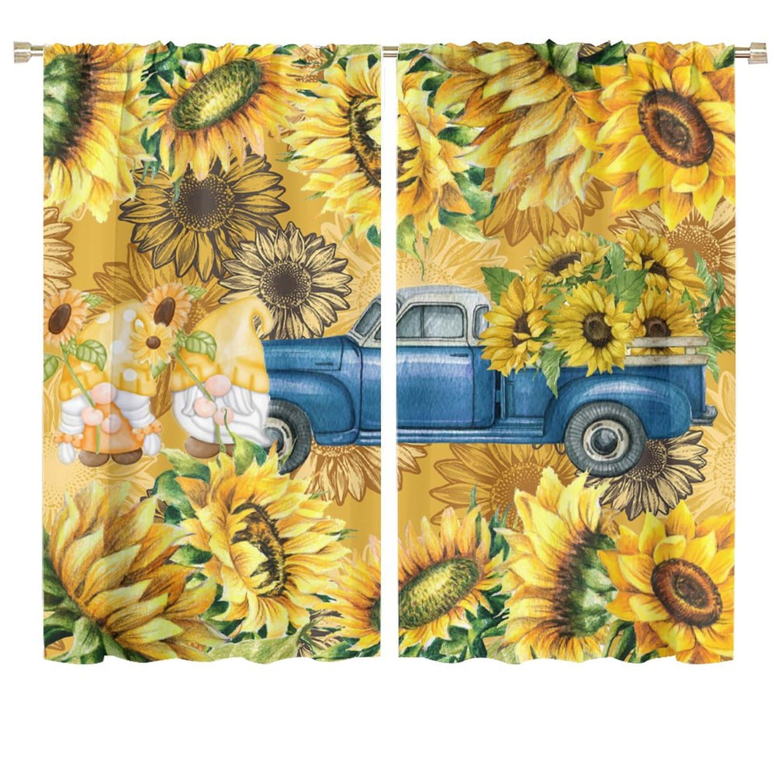 BenYaSong Sunflower Blackout Curtain Farmhouse Gnome Truck Curtain Countryside Rustic Flowers for Home Kitchen Restaurant Decoration Window Curtain 2 Panels 72x63in