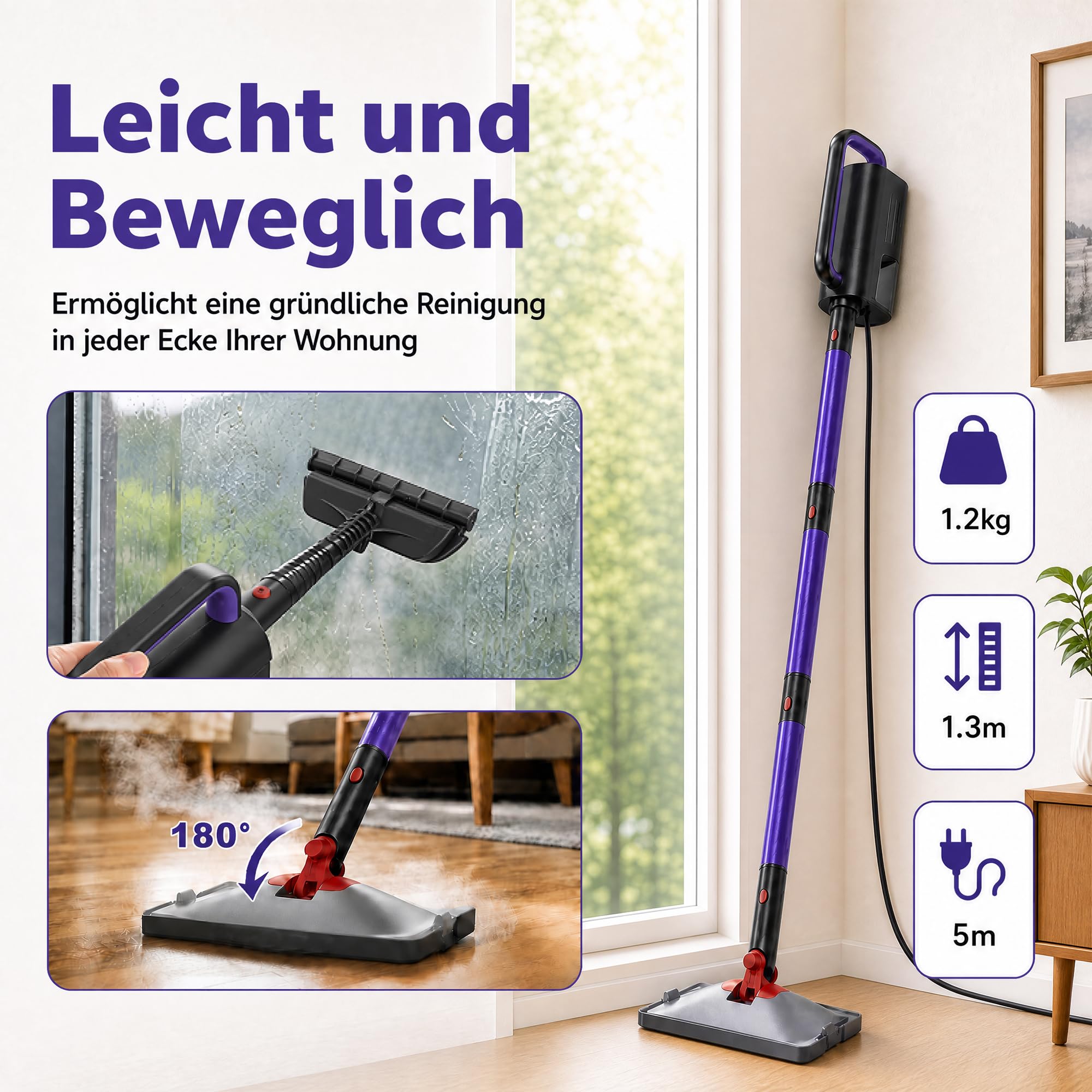 2-in-1 Dampfreiniger,1500W Handgerät,15s Aufheizung | 15s Aufheizung, 8+4 Zubehörteile,5m Kabel & Drehkopf,Leicht & kompakt, Ideal für Wohnungsübergabe & Küchenreinigung