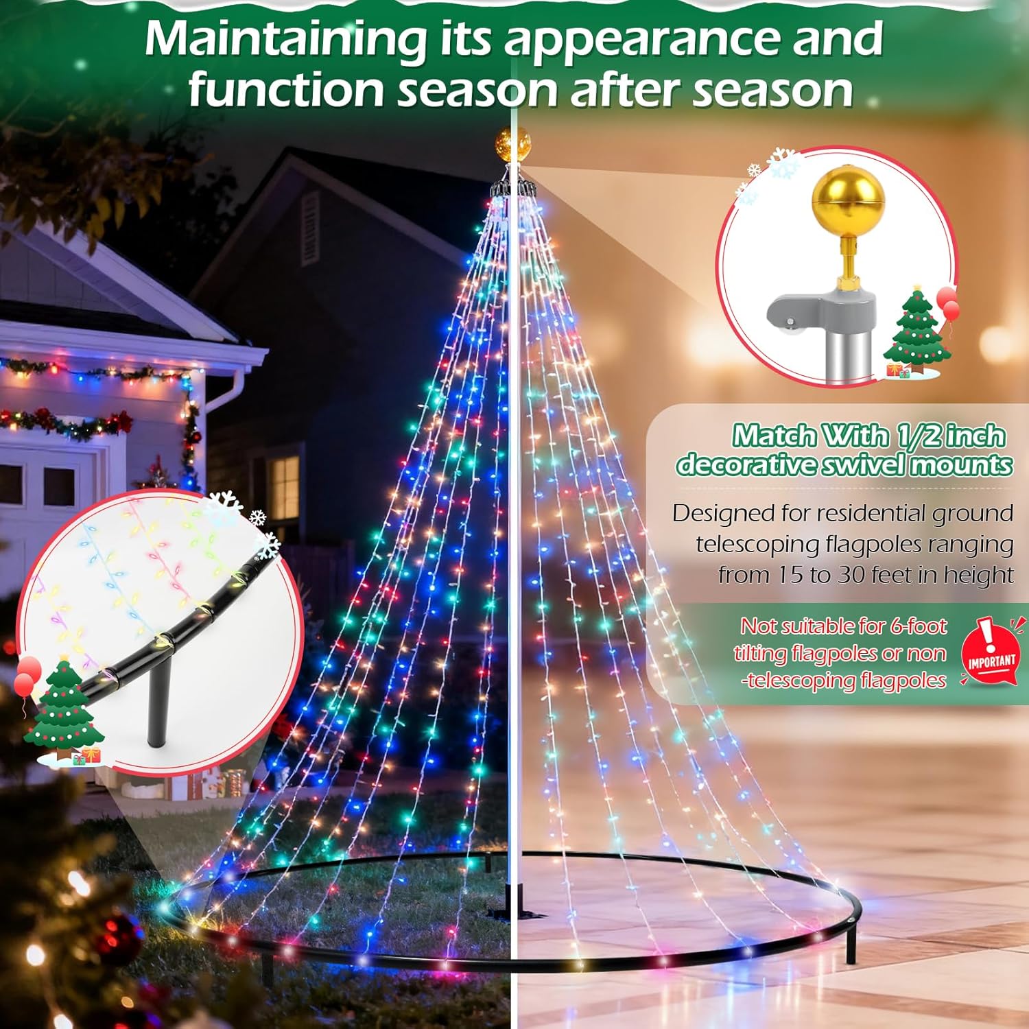 Flag Pole Christmas Tree Kit with Plastic Flag Pole Mega Topper Light Hook and Heavy-Duty Metal Hoop, for 15-30 FT Telescoping In-Ground Poles, Outdoor Decoration for Patio Yard (No Lights)