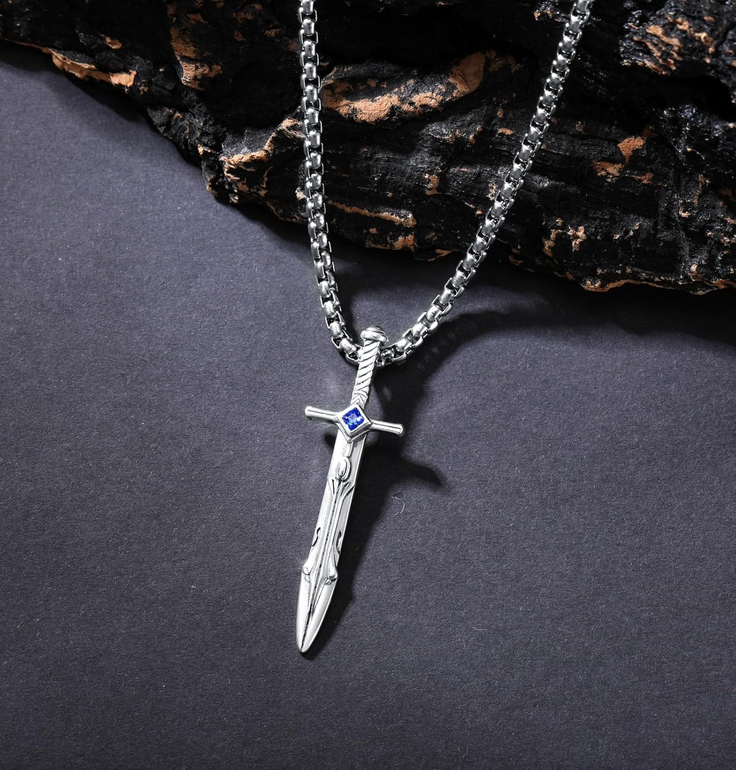 Sword Necklace 925 Sterling Silver Blue Sapphire Sword Dagger Pendant Jewelry for Men, w/Stainless Steel Chain 22''+2'' - Image 6