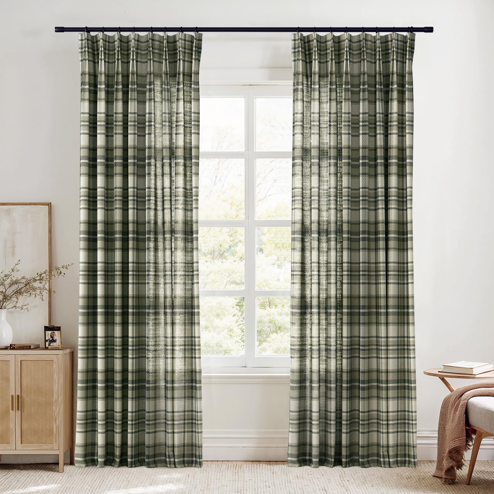TWOPAGES Pinch Pleat Plaid Curtain 96 Inch Long Light Filtering Privacy Drape Linen Textured Tartan Curtain for Kitchen Bathroom (Latte, 26W x 96L
