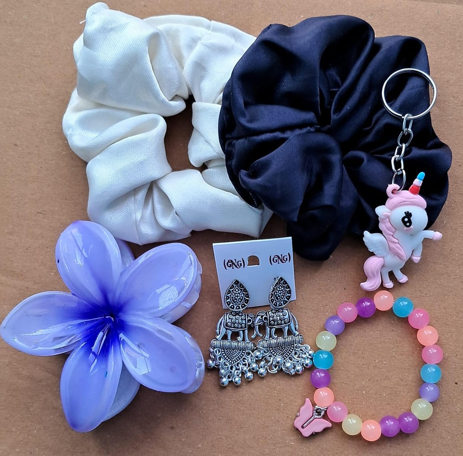 6 Pcs Trendy Articles Gift Hamper which includes, 2 Scrunchies, Bracelet, Earrings, Keychain and Flower Clutcher, Cute Hair Accessories Combo for Girls and Women