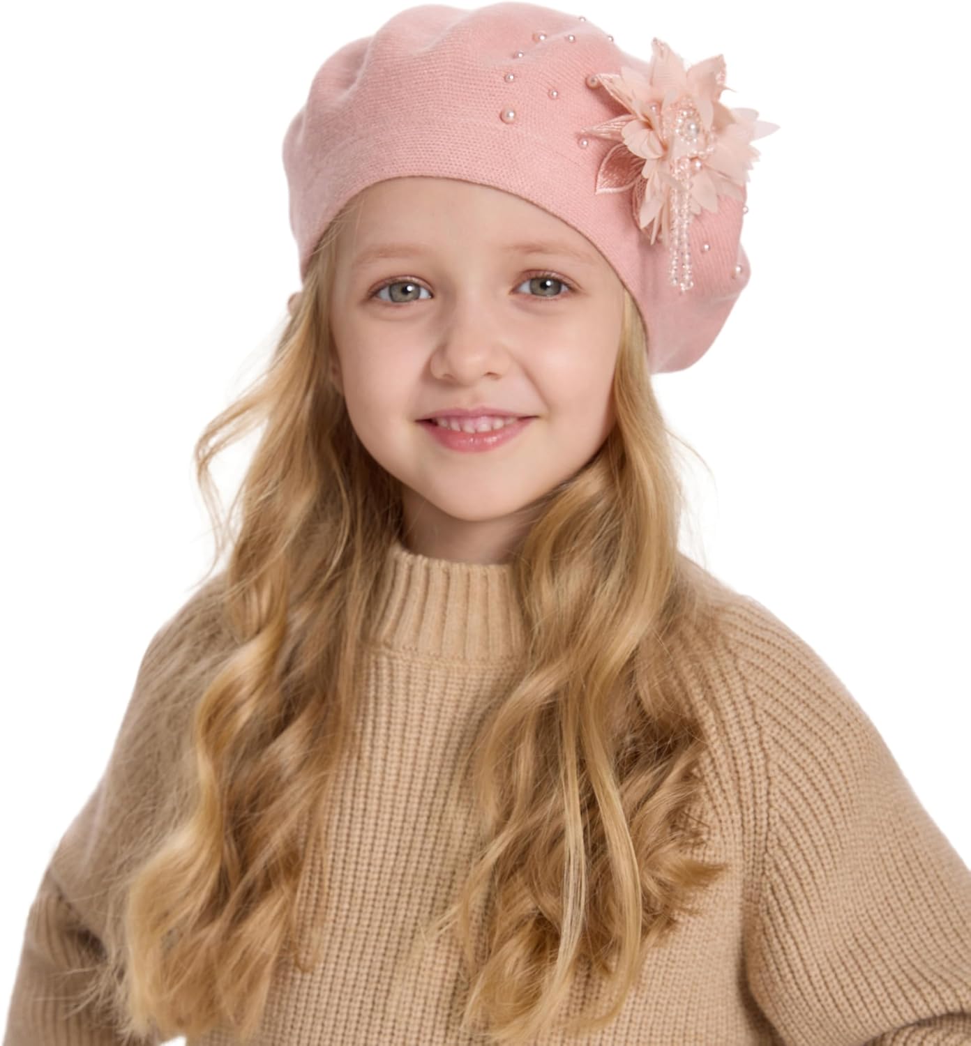 ZLYC Kids Beret Hat Girls Solid Color Knitted Floral Artist French Beret Cap