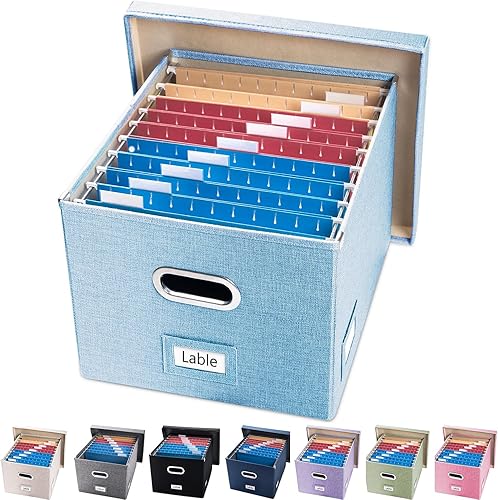 PRANDOM Caja organizadora de archivos, juego de 2 carpetas plegables decorativas de lino para almacenamiento de archivos colgantes con tapas,