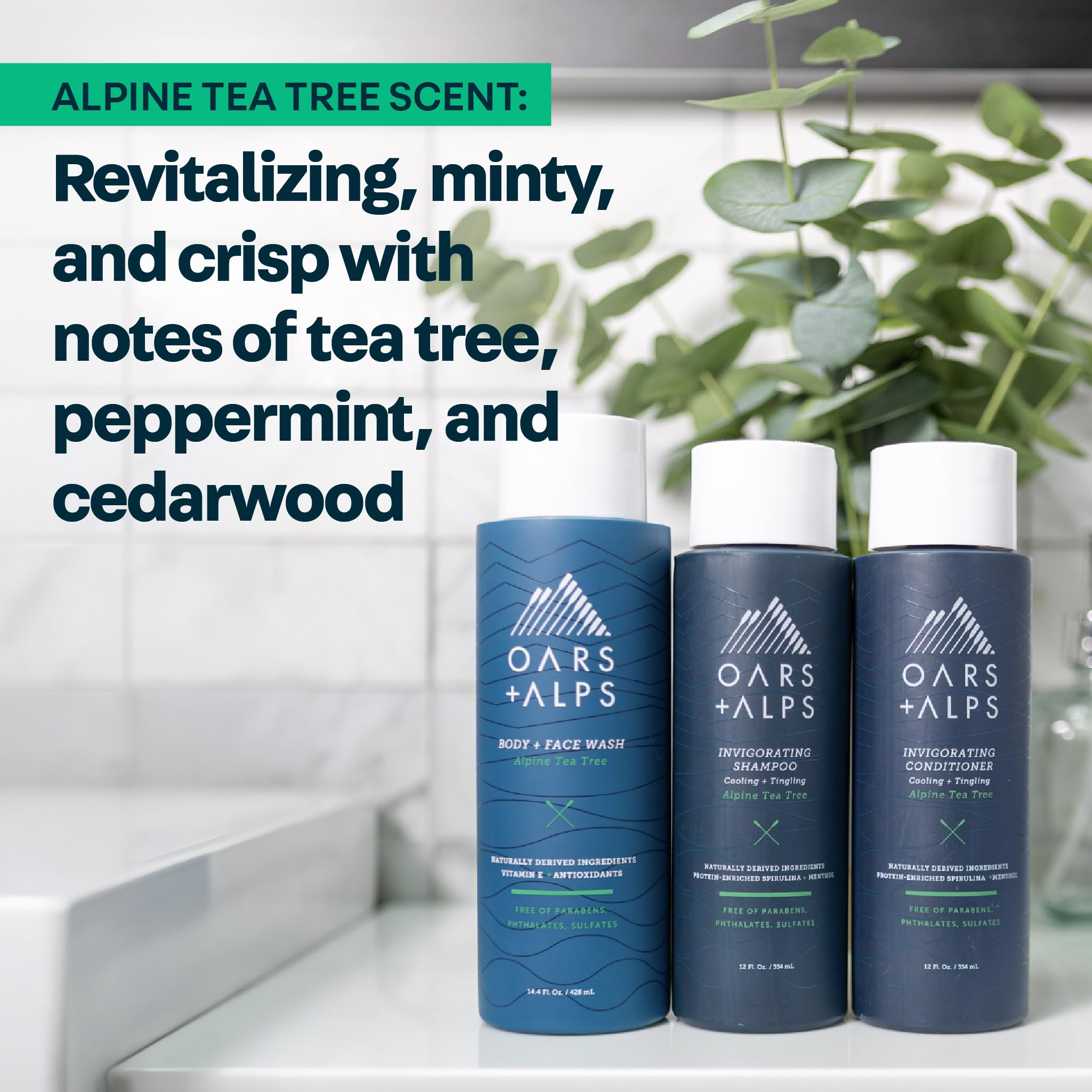 Oars + Alps Men's Sulfate Free Shampoo, Infused with Witch Hazel & Tea Tree Oil, Cleanses & Refreshes, Alpine Tea Tree Scent, 1 Pack, 13.5 Fl Oz