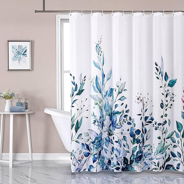 RORASA Floral Shower Curtain with Anti Mould, Weighted Hem, Washable, Polyester Fabric Bathroom Accessories, Leaves Pattern Boho Shower Curtains with 12 Hooks 71 x71 Inches