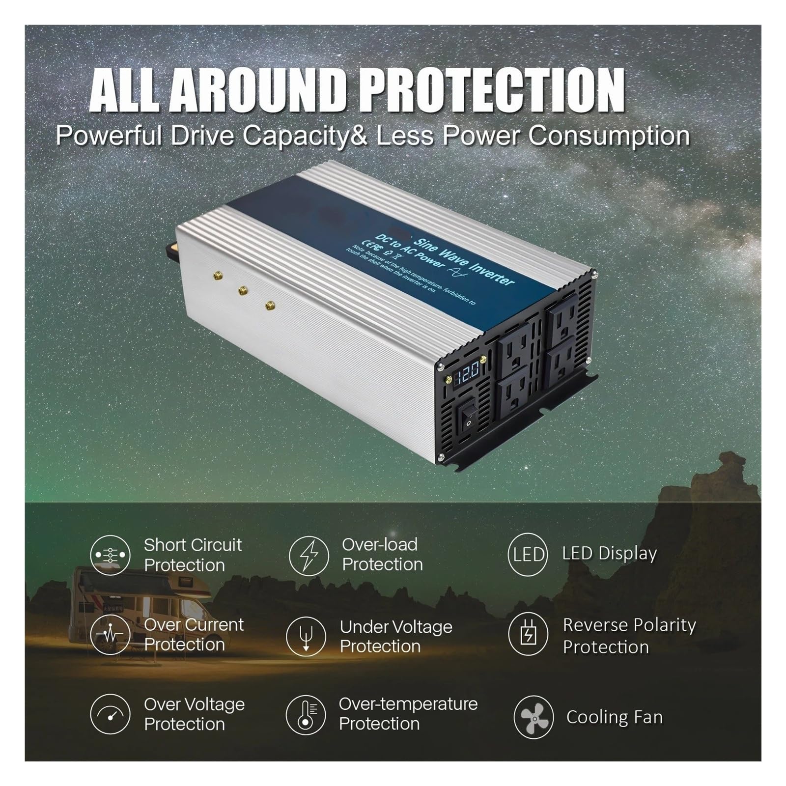 Convertidor Adaptador Inversor Onda Sinusoidal para Pura Batería Solar 1500W SE 12V 24V 36V 48V DC 110V 120V 220V 230V 240V AC Red Convertidor Potencia Completa inversor