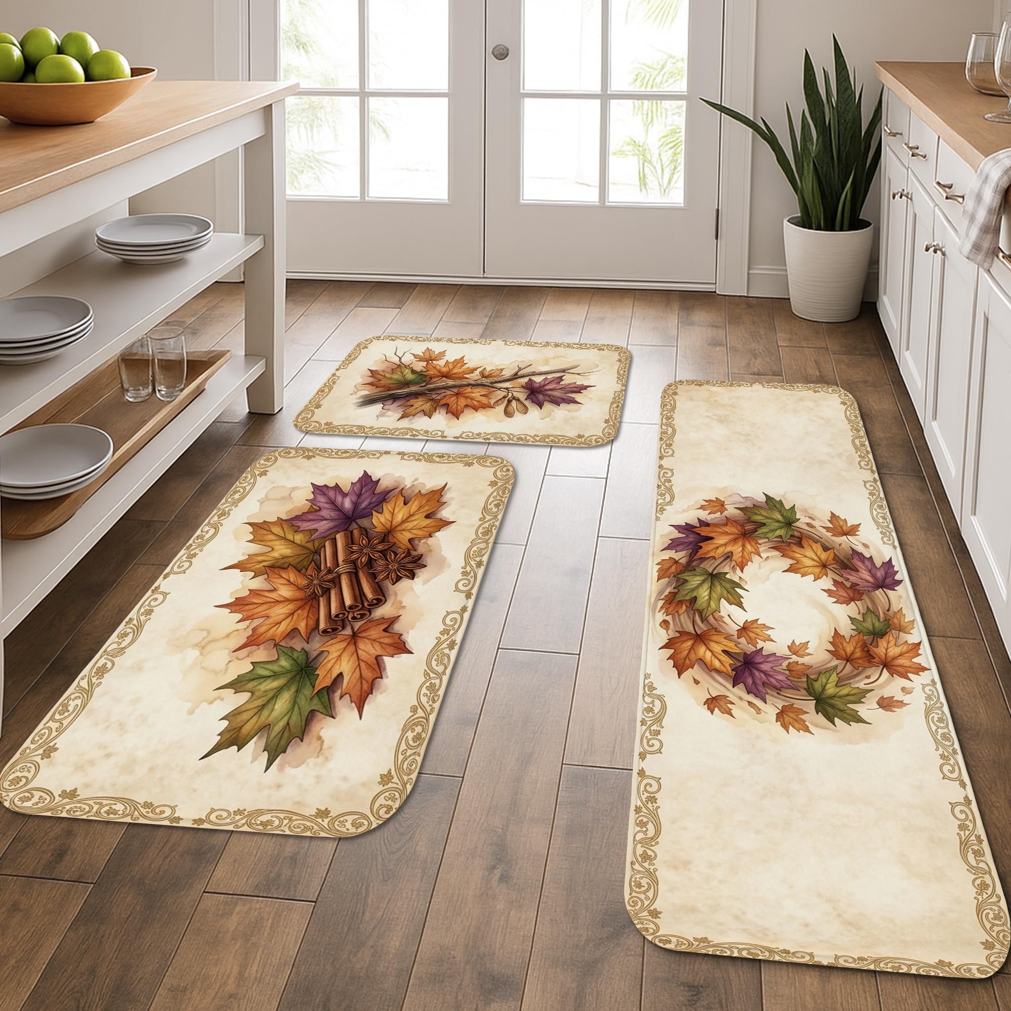 Tapis de cuisine lavables lot de 3 tapis rustiques traditionnels beige automne pour buanderie