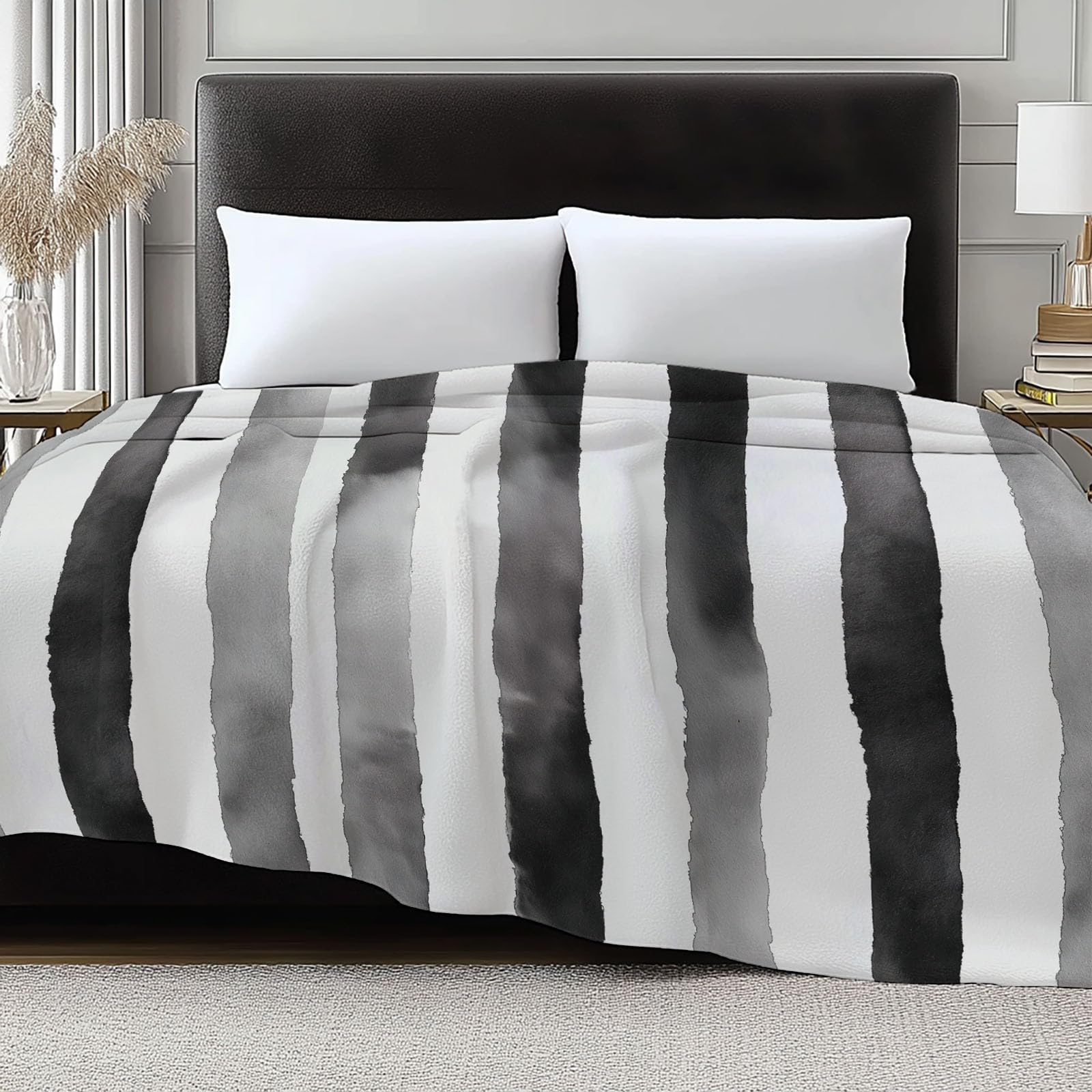 Manta para Sofá, Invierno Verano Manta Polar Rayas Verticales Simples Y Abstractas Cálida Mullida Super Caliente Ligera Mantas Cama para Adulto y Niño Sala de Estar, Blanco Negro, 200x200 cm