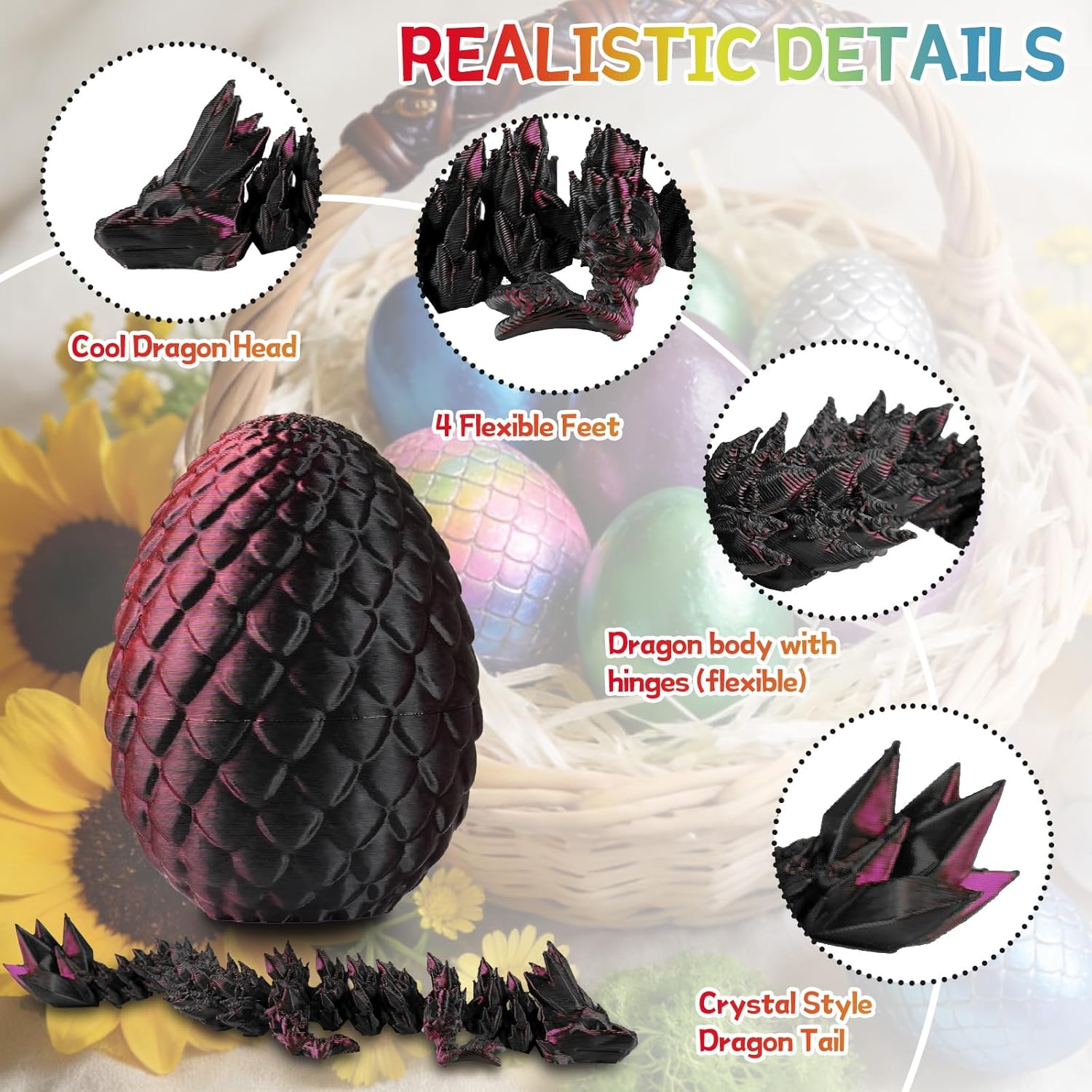 4PCS 3D Printed Dragon Eggs Set – Small 3D Printing Crystal Articulated Dragons in Surprise Eggs – Unique Desktop Decoration & Collectible – 3D Printed Animals Fidget Toys Gift for Kids & Adults
