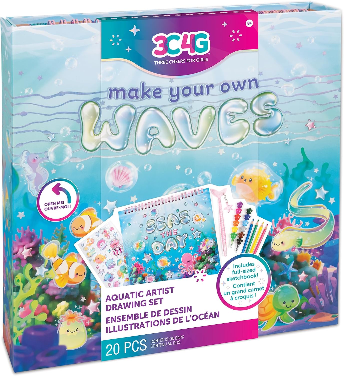 3C4G: Seas The Day! Aquatic Artist Drawing Set - 20pc Make Your Own Waves Ocean Themed Kit, Magnetic Closing Box, Full-Sized Sketchbook, Girls Kids 8+