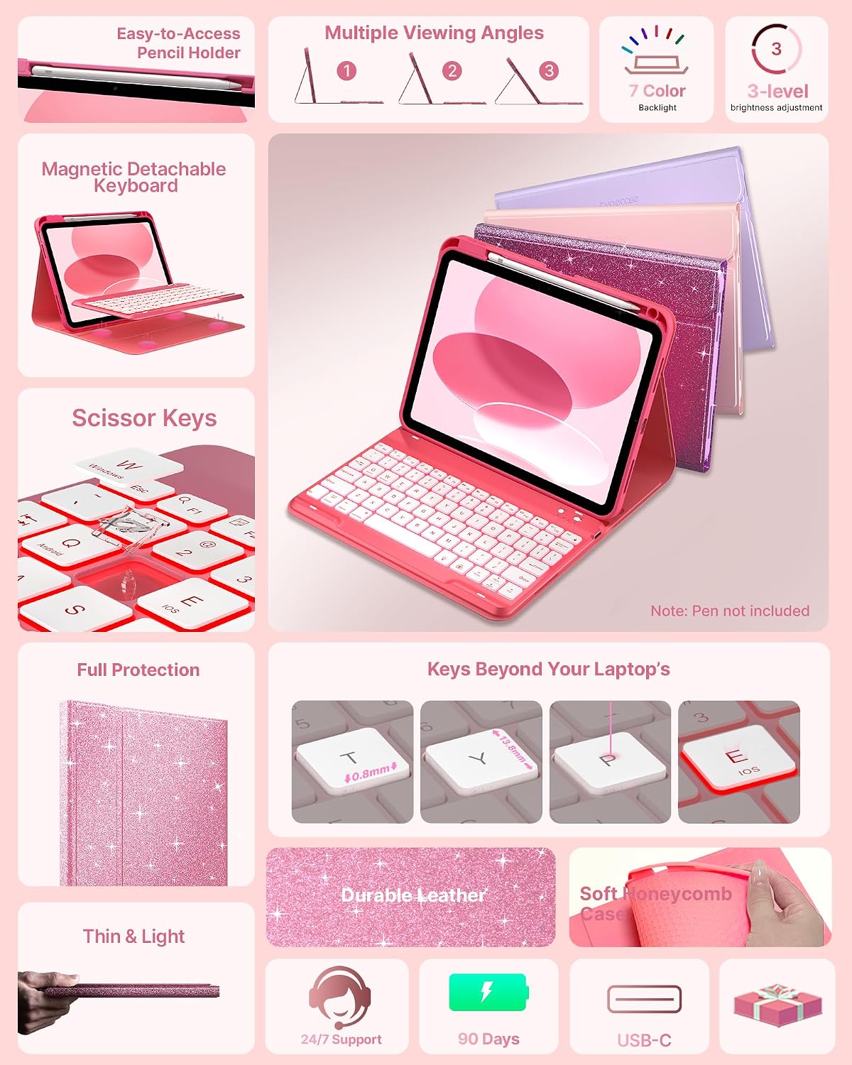 typecase Folio Keyboard Case for iPad 10th Gen 10.9 inch (2022) and iPad 11th (A16, 2025), Magnetic Wireless Detachable Keyboard, 7-Color Backlight, Thin & Light, Pencil Holder – Glitter Blush