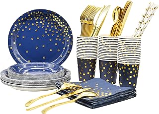 200PCS(Serve 25 Guests) Disposable Blue and Gold Party Plates and Cups and Napkins Sets Disposable Cutlery Tableware Sets with Gold Plastic Forks Knives Spoons Straws for Birthday Party Wedding