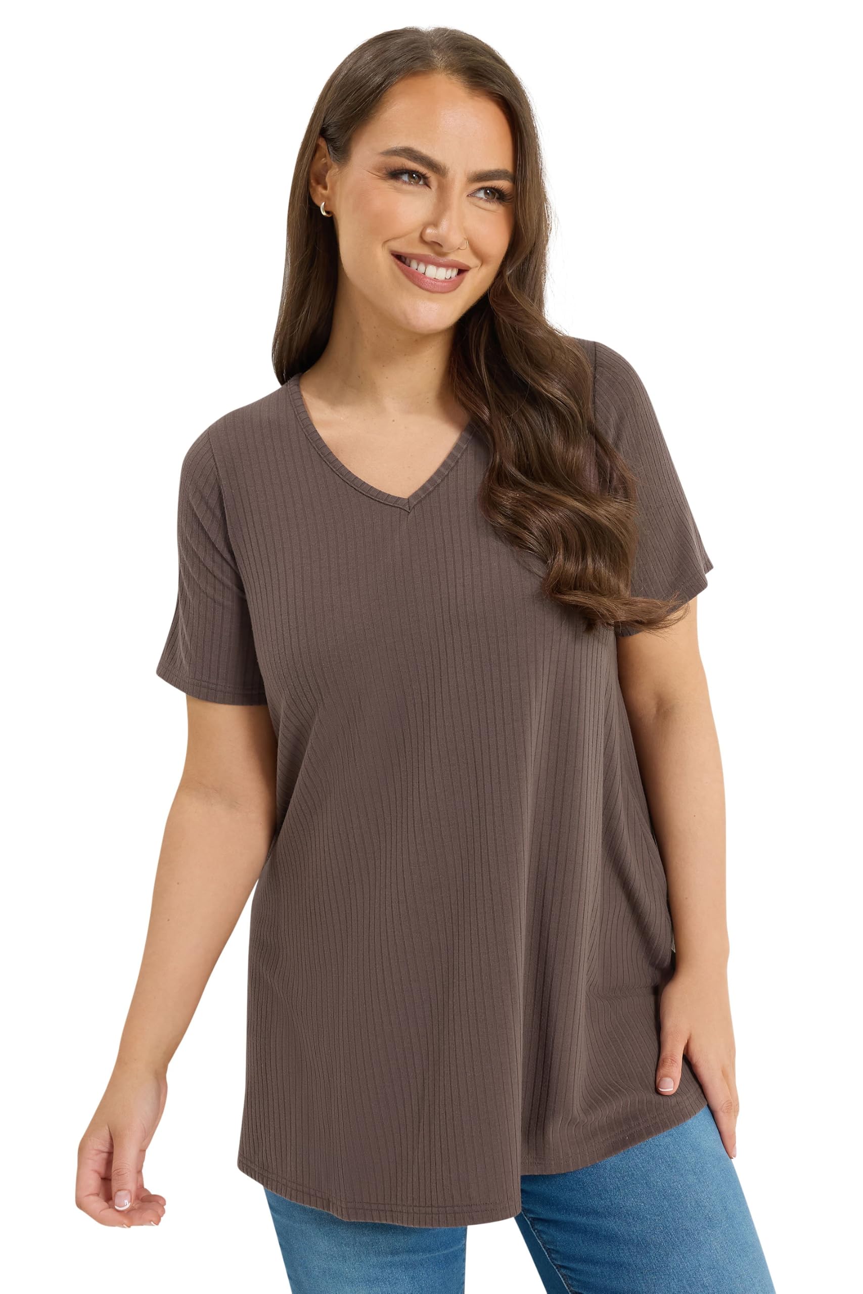 Yours Curve Pink Ribbed Swing V-Neck T-Shirt - Women's - Plus Size Curve