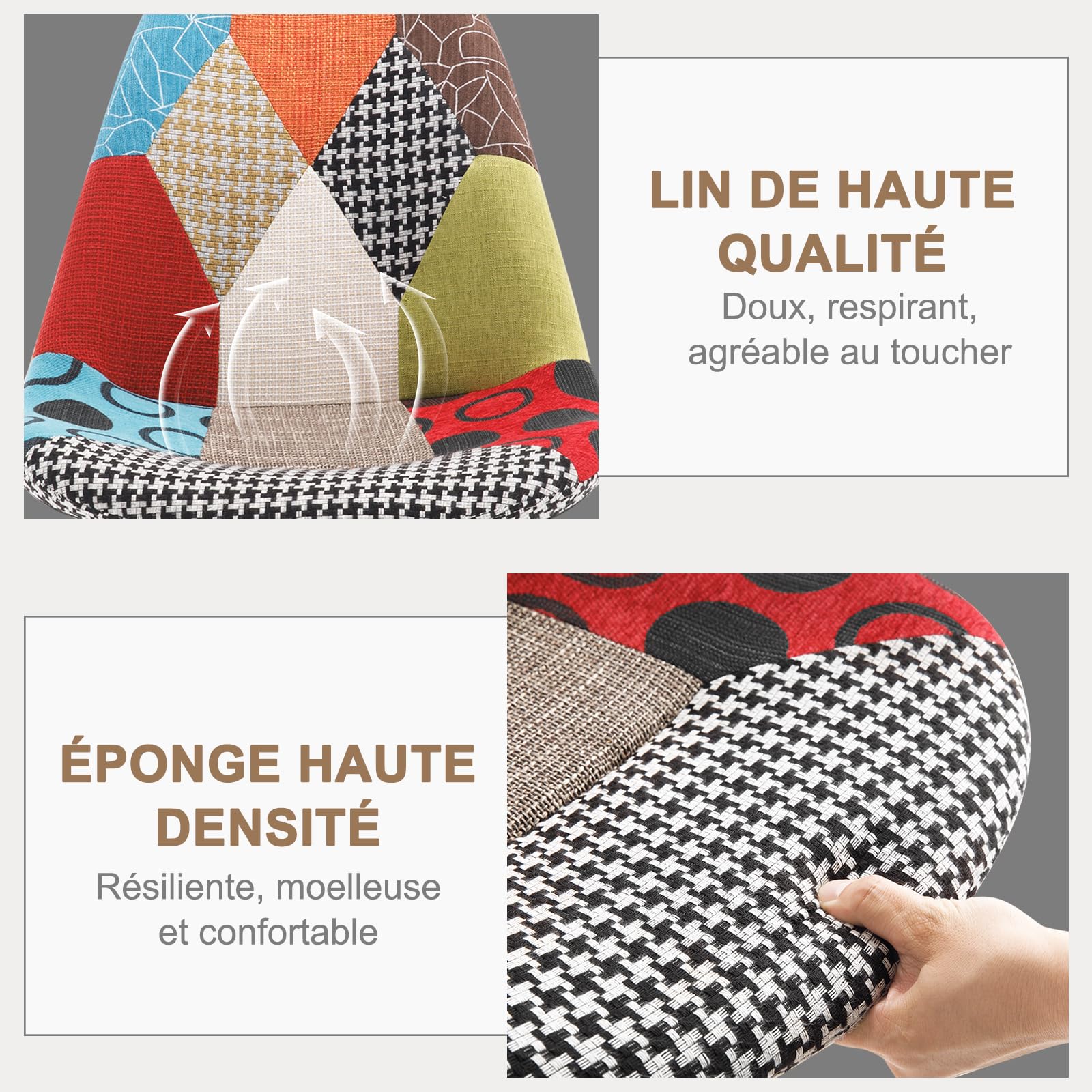 WOLTU 4 X Chaises Salle à Manger, Chaise Patchwork, en Lin + Bois Multicolore BH29mf-4