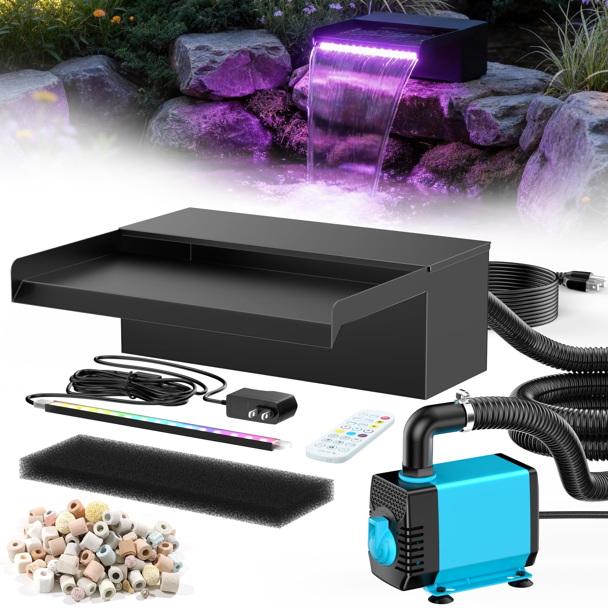 POPOSOAP 30 cm de ancho estanque cascada, caja de cascada de acero inoxidable con bomba de estanque de 2500 l/h, cadena de luces LED controladas por control remoto que cambian de color
