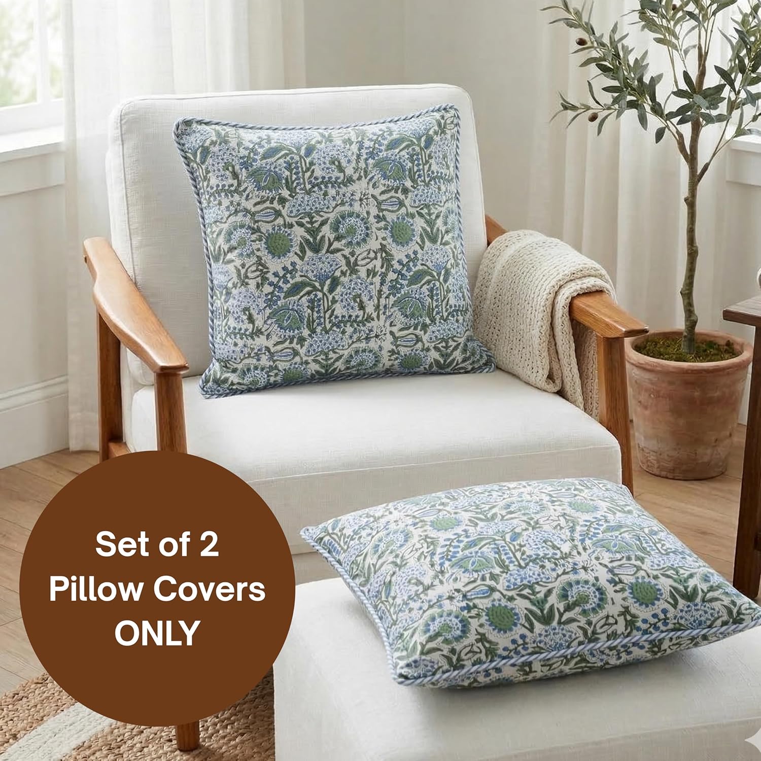 ATOSII Block Print Throw Pillow Covers, 20 X 20 - Set of 2, Decorative Couch Pillows for Living Room Bed Sofa, 100% Cotton Canvas Pillow Case for Home Decor & Outdoors, Preppy Throws - Clover Blue