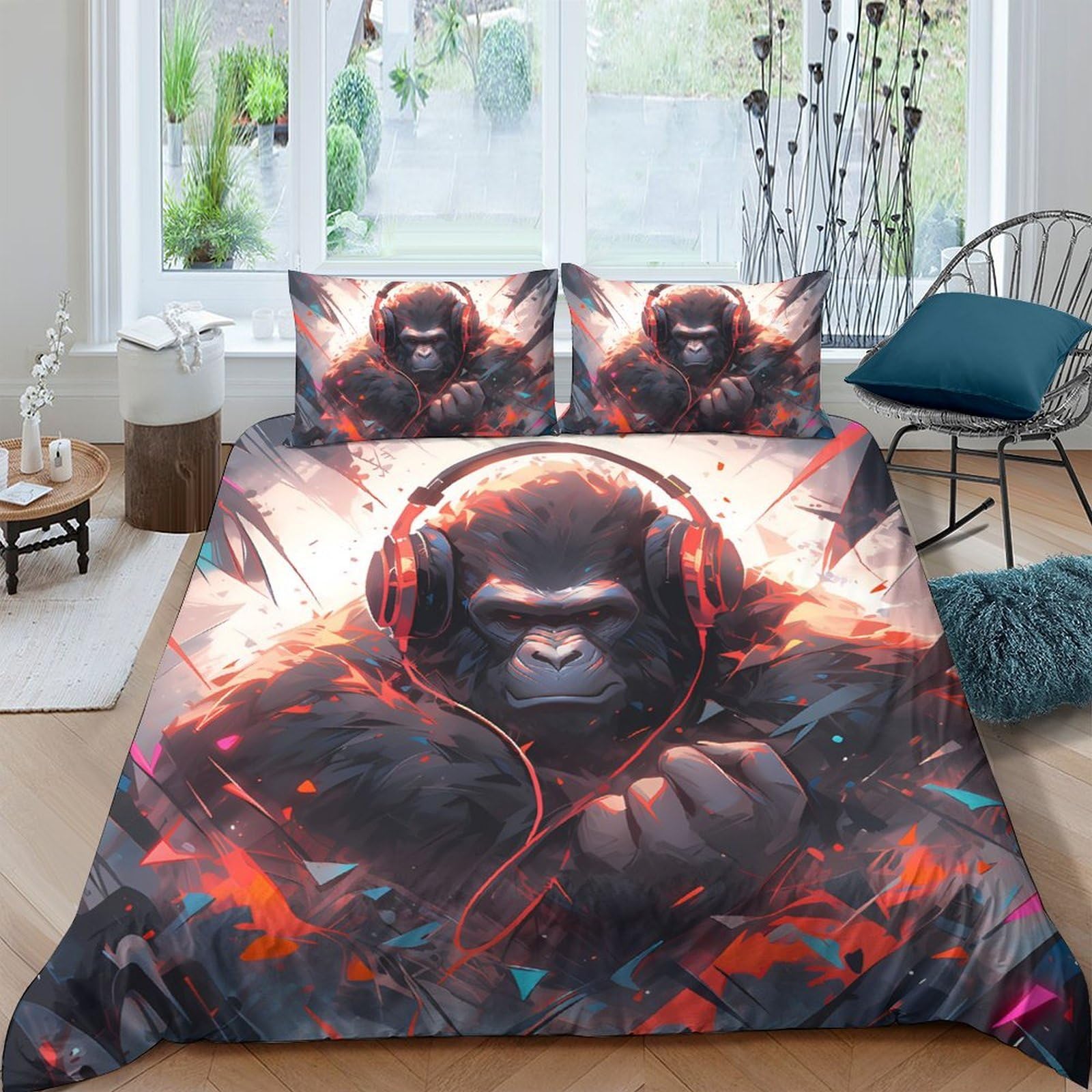 Ctjqhvkz Style-4 3D Printed Gorilla Headphones Fitted Sheet Microfiber Soft Black Red Art Bed Cover For Bedroom Dorm Decor Single（135X200cm）