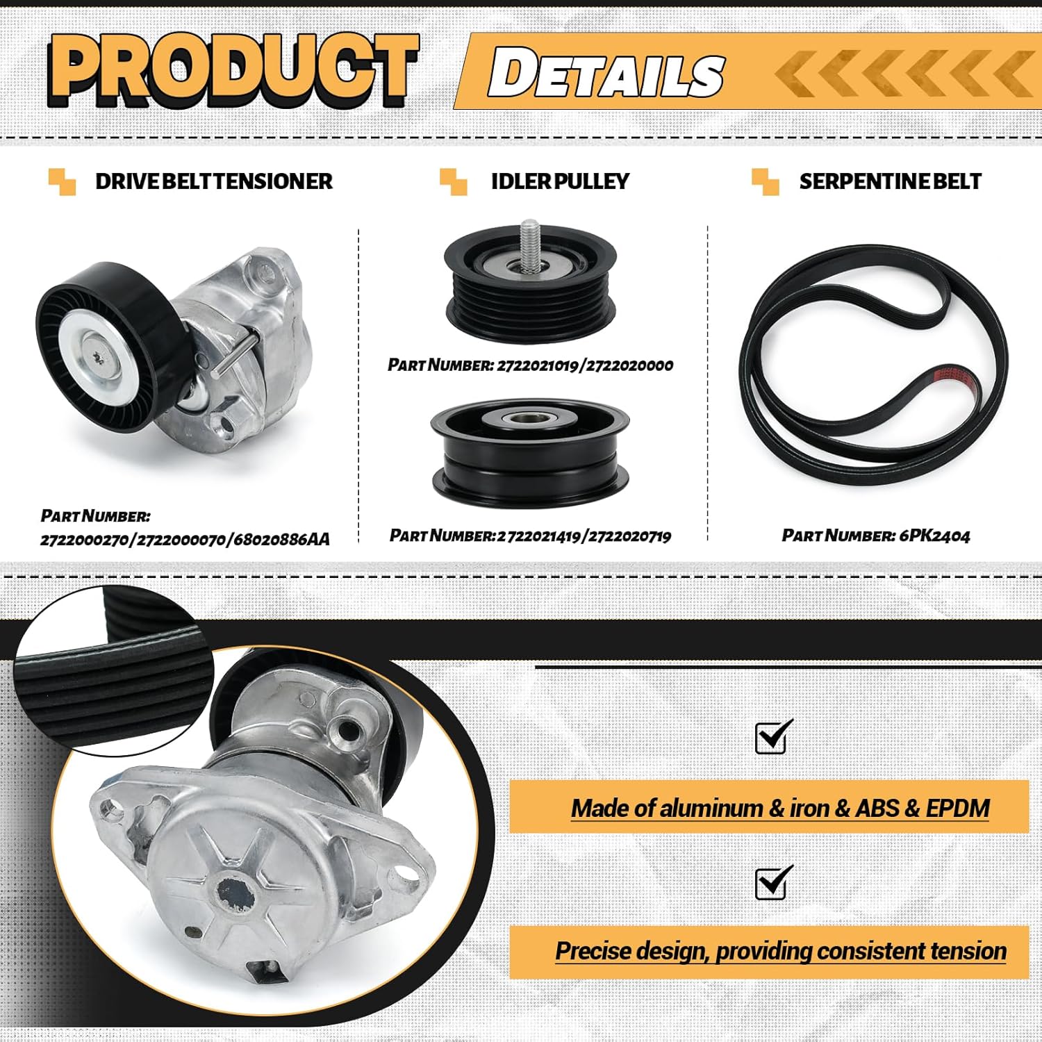 Drive Belt Tensioner and Idler Pulley Serpentine Belt kit Compatible with Mercedes-Benz ML350 C230 C300 C350 E350 S550, 2006-2011#Replace 2722021419 2722000270 6pk2404