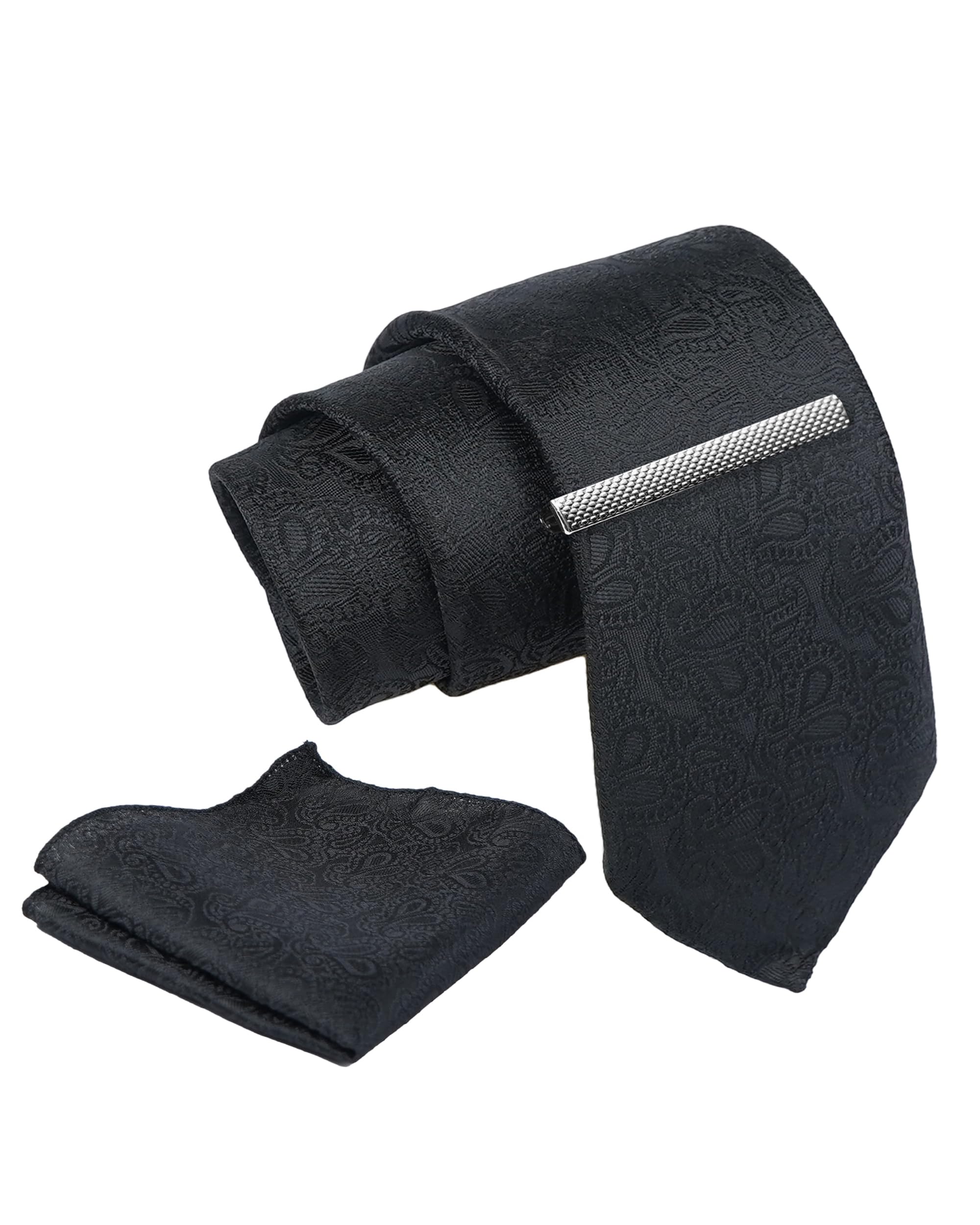 axlon Tie for Men – Geometric Silk Neck Ties Set with Cufflinks Flower Pin, Pocket Square & Black Gift Box, Combo Necktie Sets for Office Wear, Formal Suits (Classic Black, NXSMX_209)-picture-25