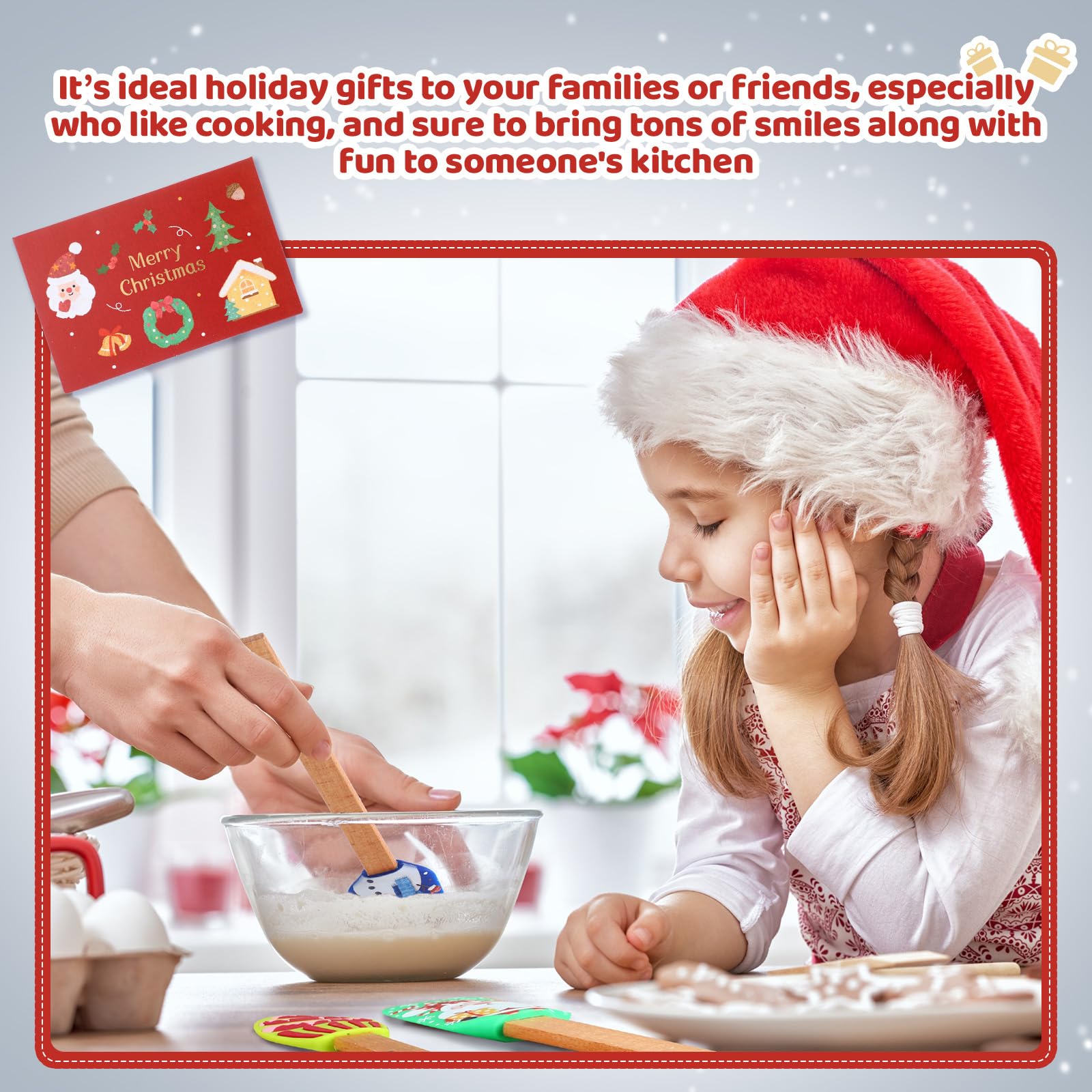 Nitial Juego de 10 espátulas de silicona de Navidad con mango de madera, espátula de Papá Noel, espátula de cocina para hornear con tarjetas de regalo de Navidad para mujeres, cocina, regalo de