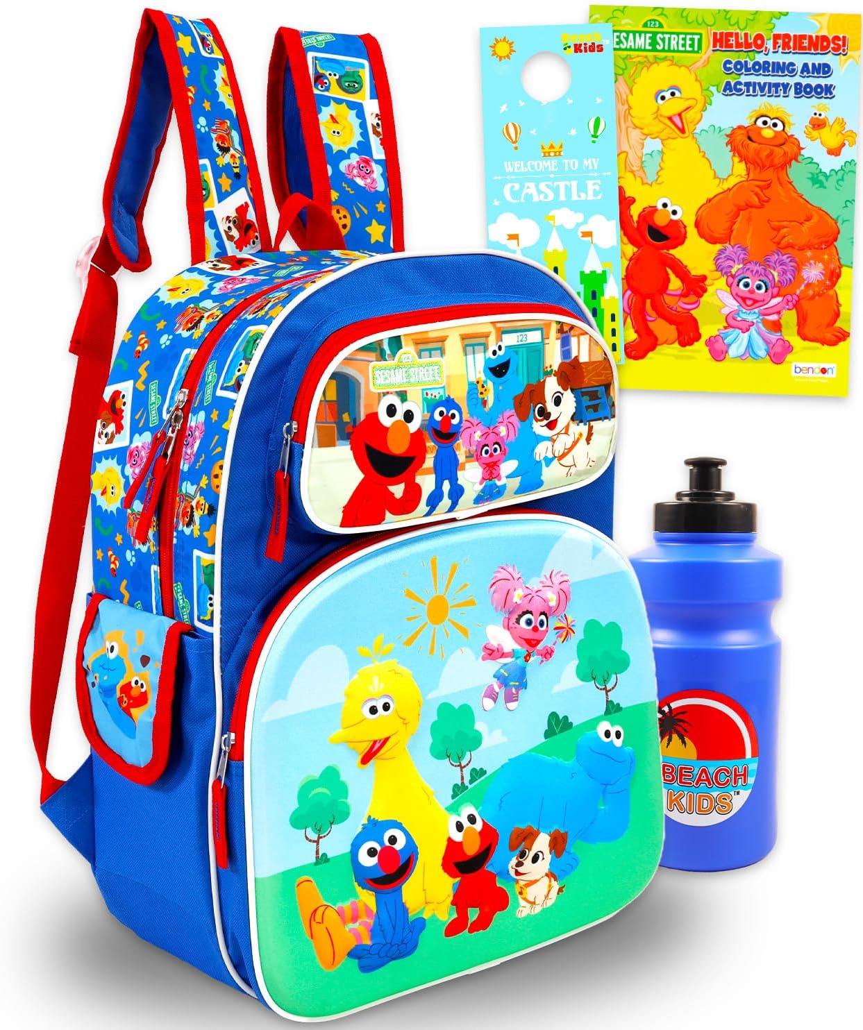 Sesame Street Backpack for Kids - Bundle with 16" School Bag Featuring Elmo More Plus Coloring Book, Water Bottle | Sesame Street Backpack for School
