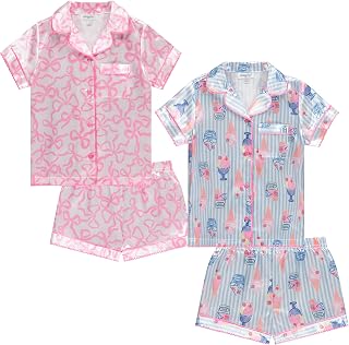 BTween Girls Satin Pajama Set 4 Pack, Short Sleeve Button-Down Sleepwear for Kids, Soft and Breathable Nightwear