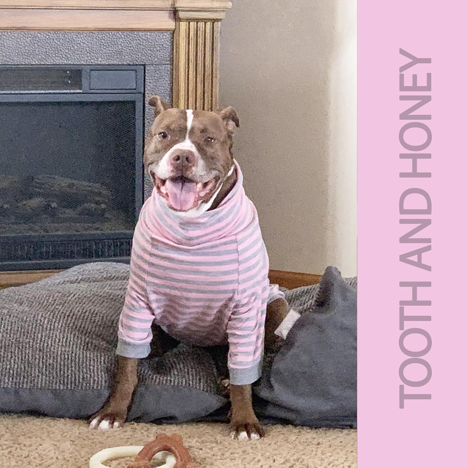 Tooth & Honey Big Dog Stripe Shirt – Pullover with Full Belly Coverage – Pink and Grey Pitbull Shirt for Extra Large Dogs