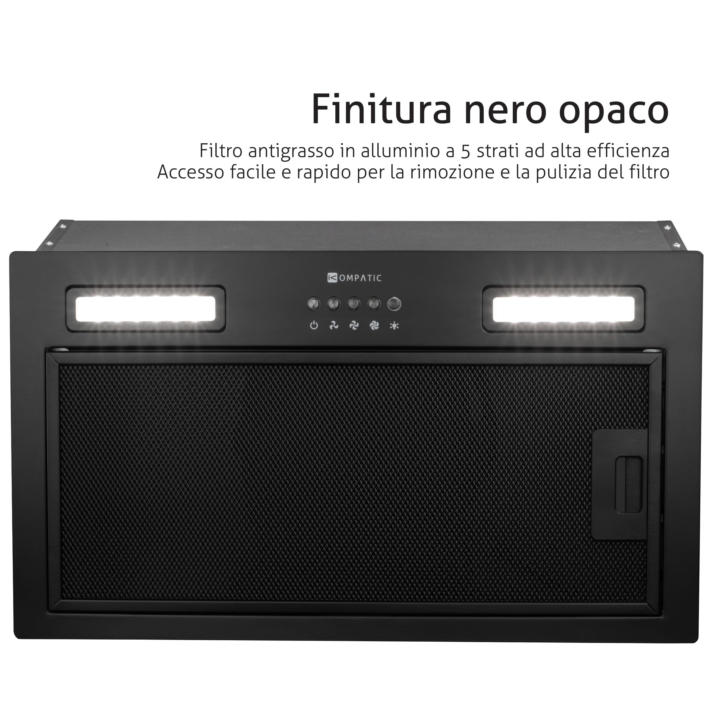 Lane 50 KLN50BI Cappa Aspirante Incasso, A+++, 50 cm, 450 m³/h, Filtri a Carbone Inclusi KCF4, Modalità Ricircolo o Estrazione, Controllo elettronico, Timer, LED, 3 velocità + boost,Nero