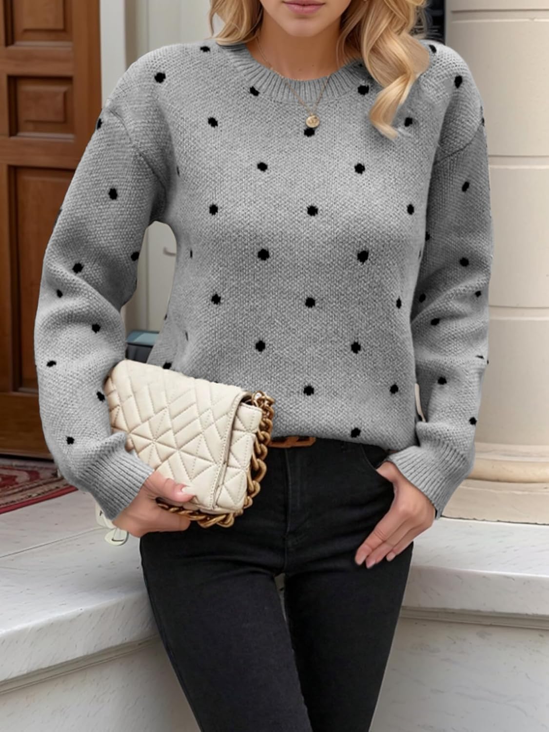 Sweaters for Women Polka Dot Sweater, Crewneck Long Sleeve Tops Fall Winter Casual Knitted Pullover - Image 6