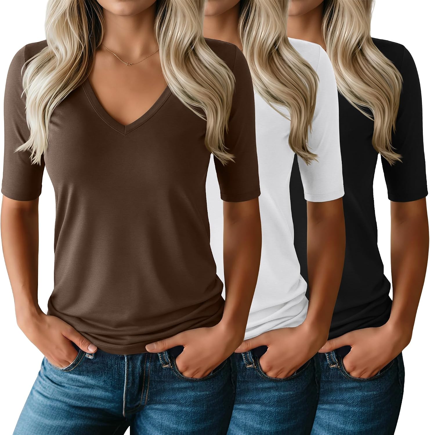 Ficerd 3 Pack Women's Half Sleeve V Neck T Shirts, Elbow Length Shirt Slim Fit Tunic Top Short Sleeve Casual Summer Tee