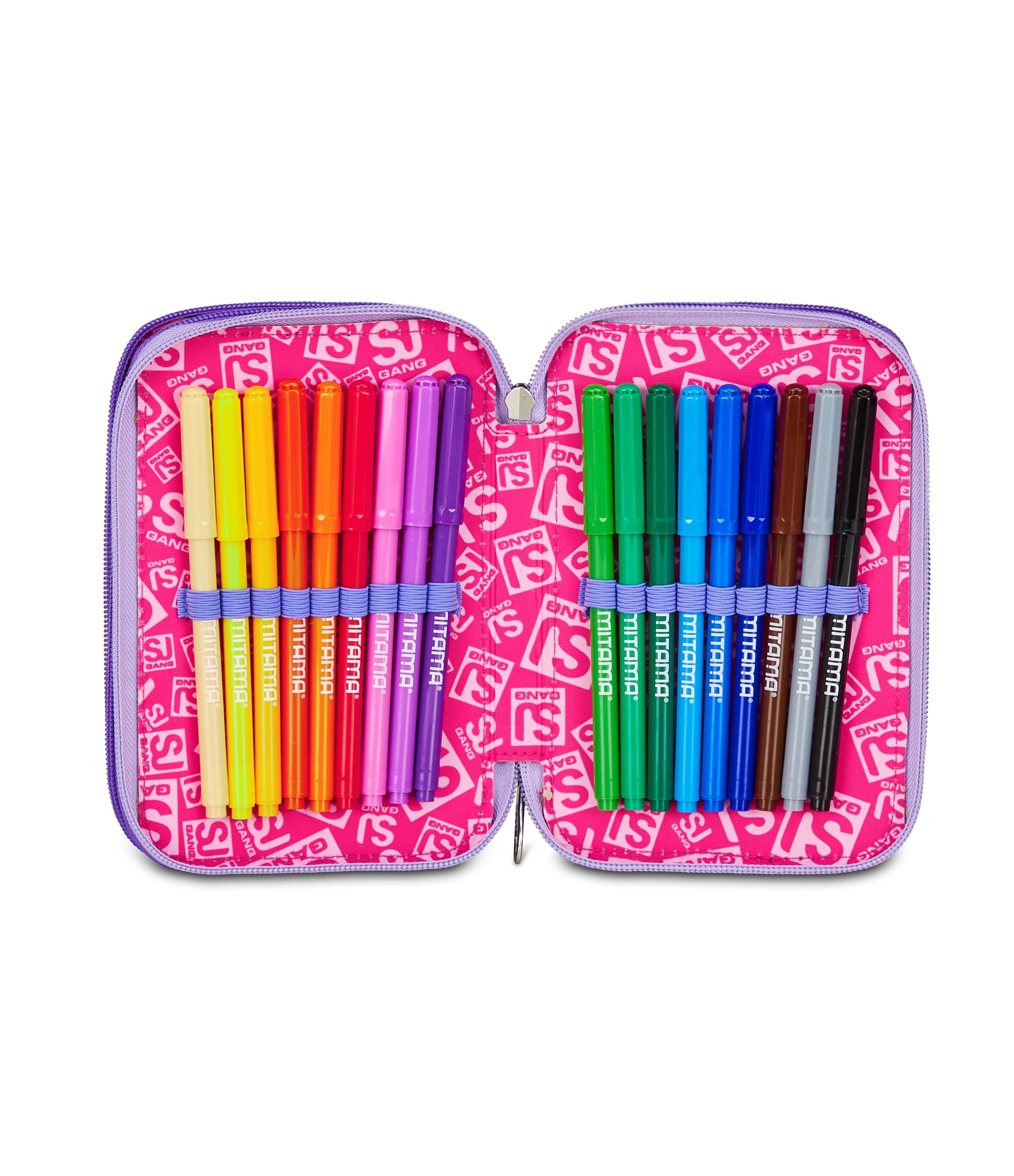 SJ GANG STYLE JAM GANG Astuccio Scuola 3 Zip, Rosa, Portapenne Triplo Scomparto Completo Di Penne, Matite, Colori, Accessori Zaino, Scuole Elementari, Bambina