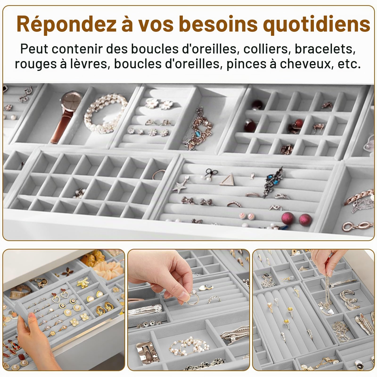 10 Rangements Bijoux Tiroirs Organiseur, Plateau Rangement Bijoux pour Bague/Collier/Bracelet, Rangement Bijoux Tiroir pour Ranger/Stocker/Afficher des Bijoux, 5 Style - Gris