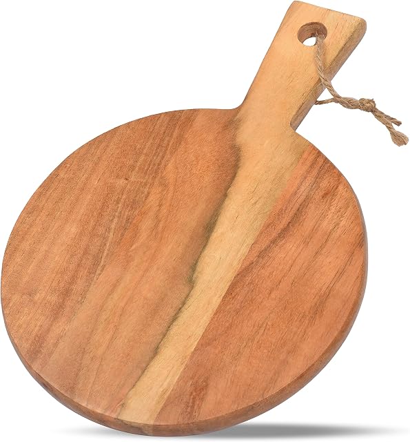 Samhita Round Acacia Wood Cutting Board with Handle for Chopping and Serving Charcuterie, Cheese, Pizza, Bread - Wall Décor ( 33.02cm X 22.86cm X 1.09cm)