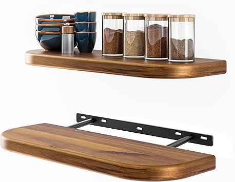 BATODA 17" Acacia Wood Floating Shelves Wall Mounted Round Edge Rustic Farmhouse Wooden Wall Storage Shelf for Bedroom, Kitchen - Brackets and Shelving Hardware Included Acacia Color