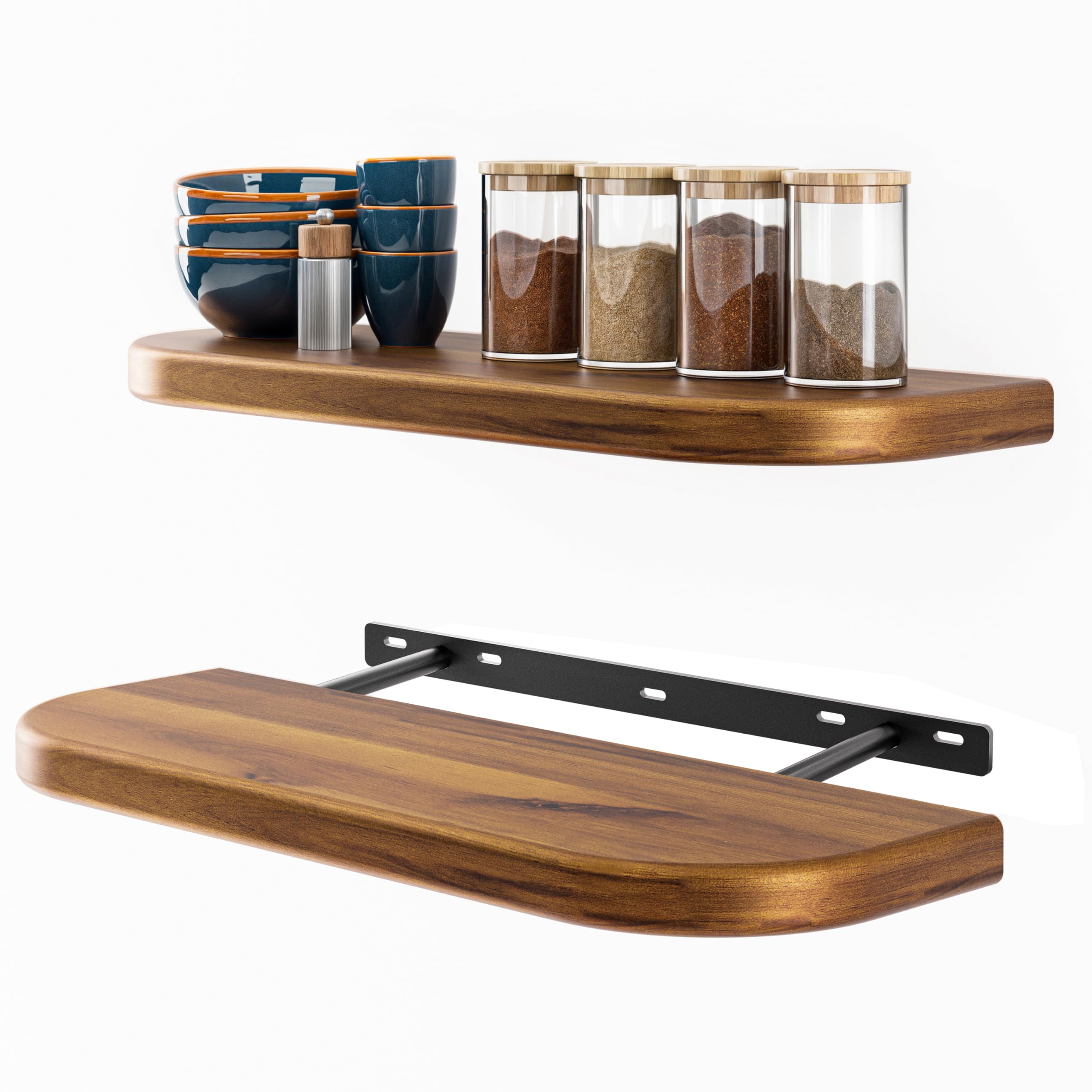 BATODA 17" Acacia Wood Floating Shelves Wall Mounted (Round Edge)