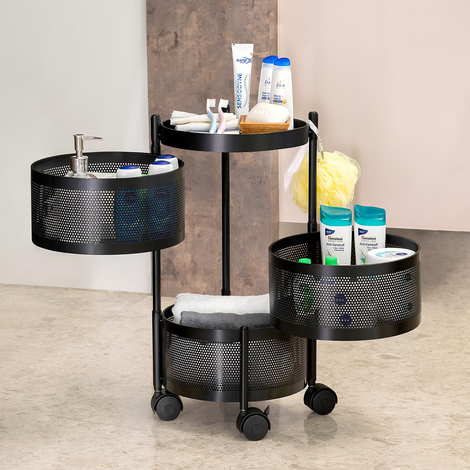 Kitchenwell Round Multi-Purpose Trolley Storage Organizer and Kitchen Accessories Items for Kitchen Storage Rack Square Design Fruits & Vegetable Onion Cutlery (Matt Black, Round - 3 Layer)-image-26