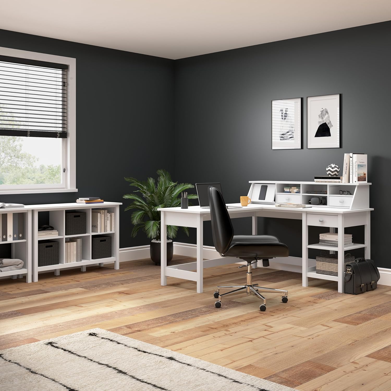 Bush Furniture Broadview 54W Computer Desk with Shelves in Pure White, Contemporary Table and Storage for Home Office Workspace