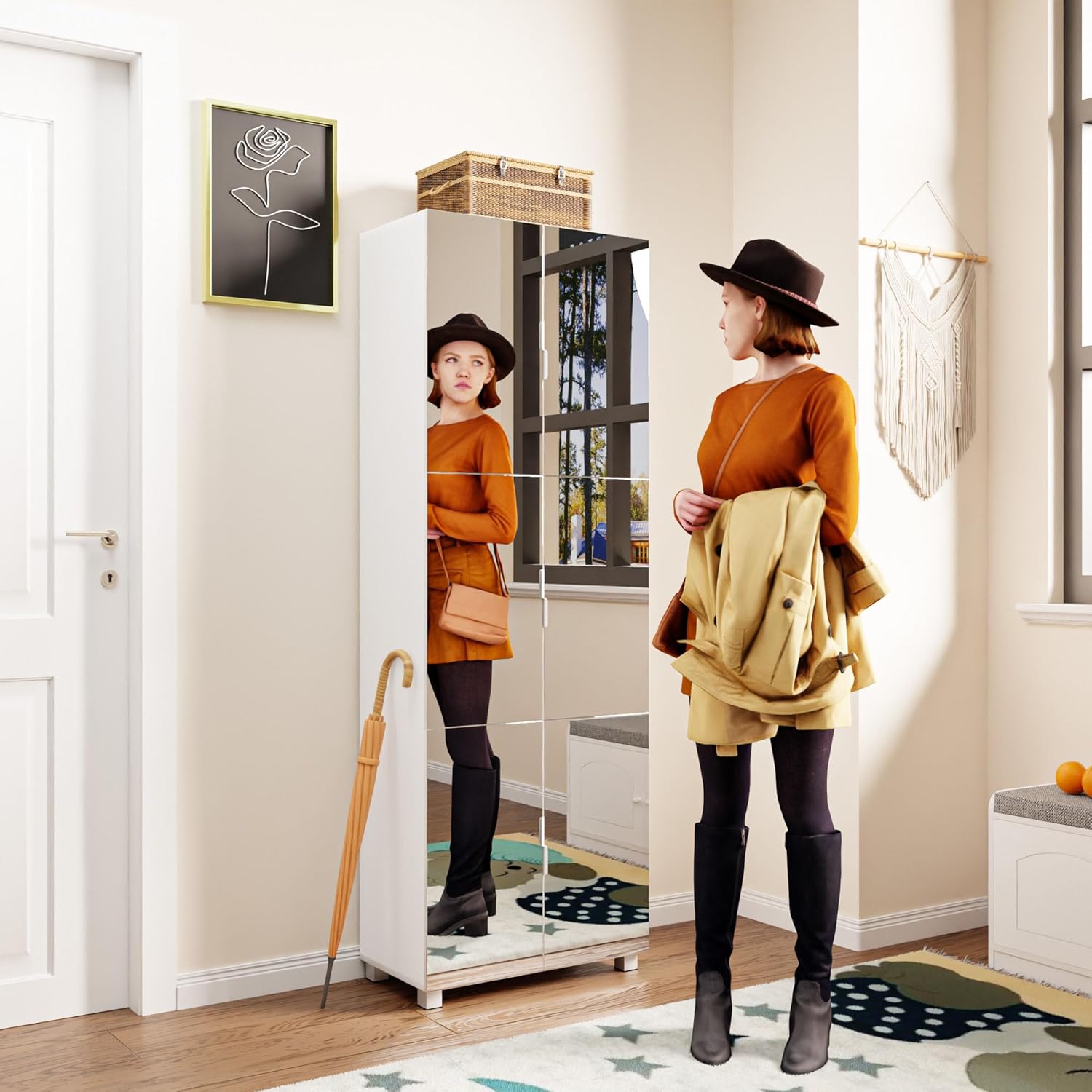 HRVEOCEI Mirror Shoe Cabinet Entryway with Doors, Tall Enclosed Shoe Storage with Adjustable Shelves & Ventilation Holes, Wooden Closed Shoes Rack with Metal Handle for Hallway Apartment (White 2)