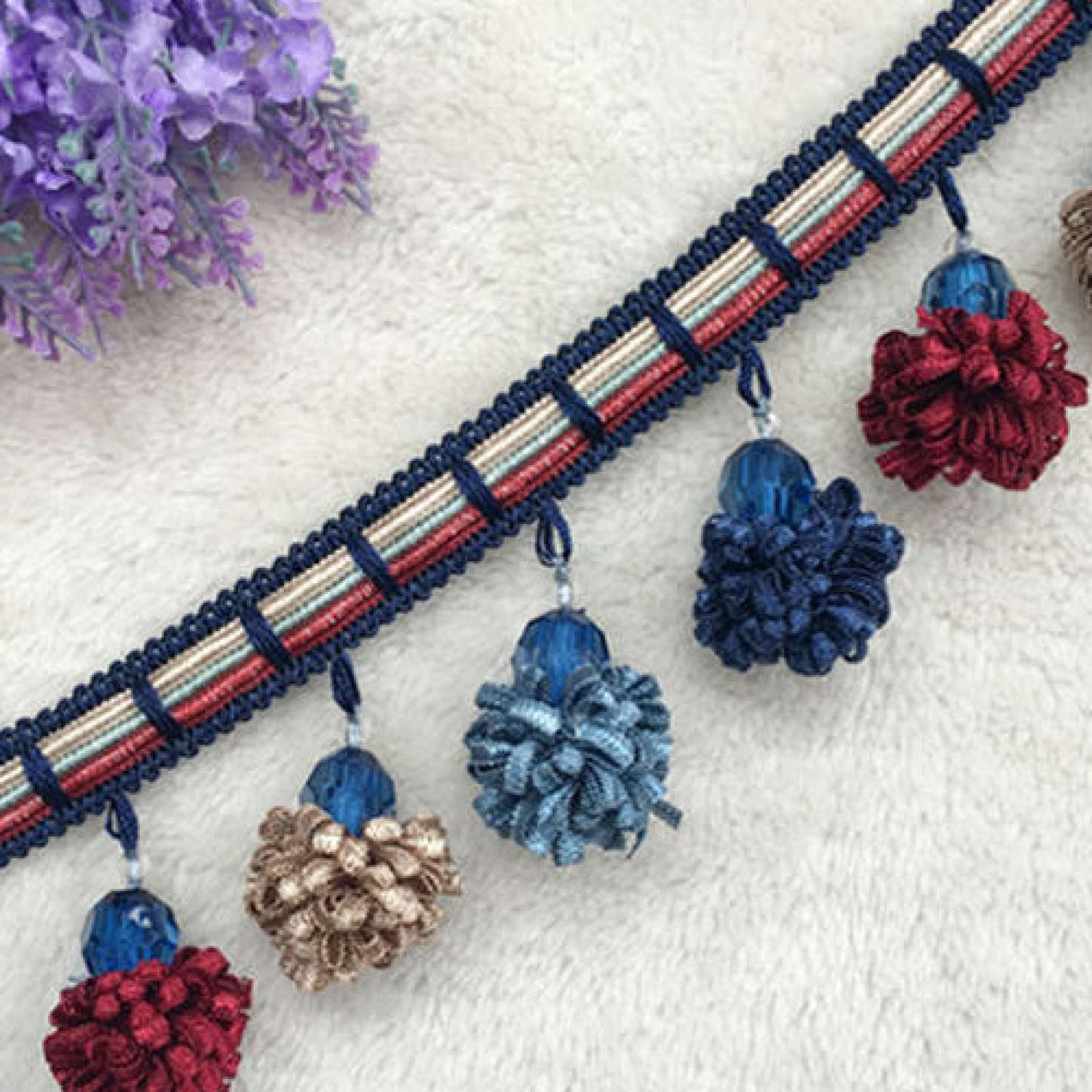 Curtain Fringes Trim DIY, 2 mètres, franges à boules suspendues for rideau, canapé, pompon, ruban, garniture en dentelle, couture, artisanat, décoration de fête de mariage à domicile(Dark Blue)