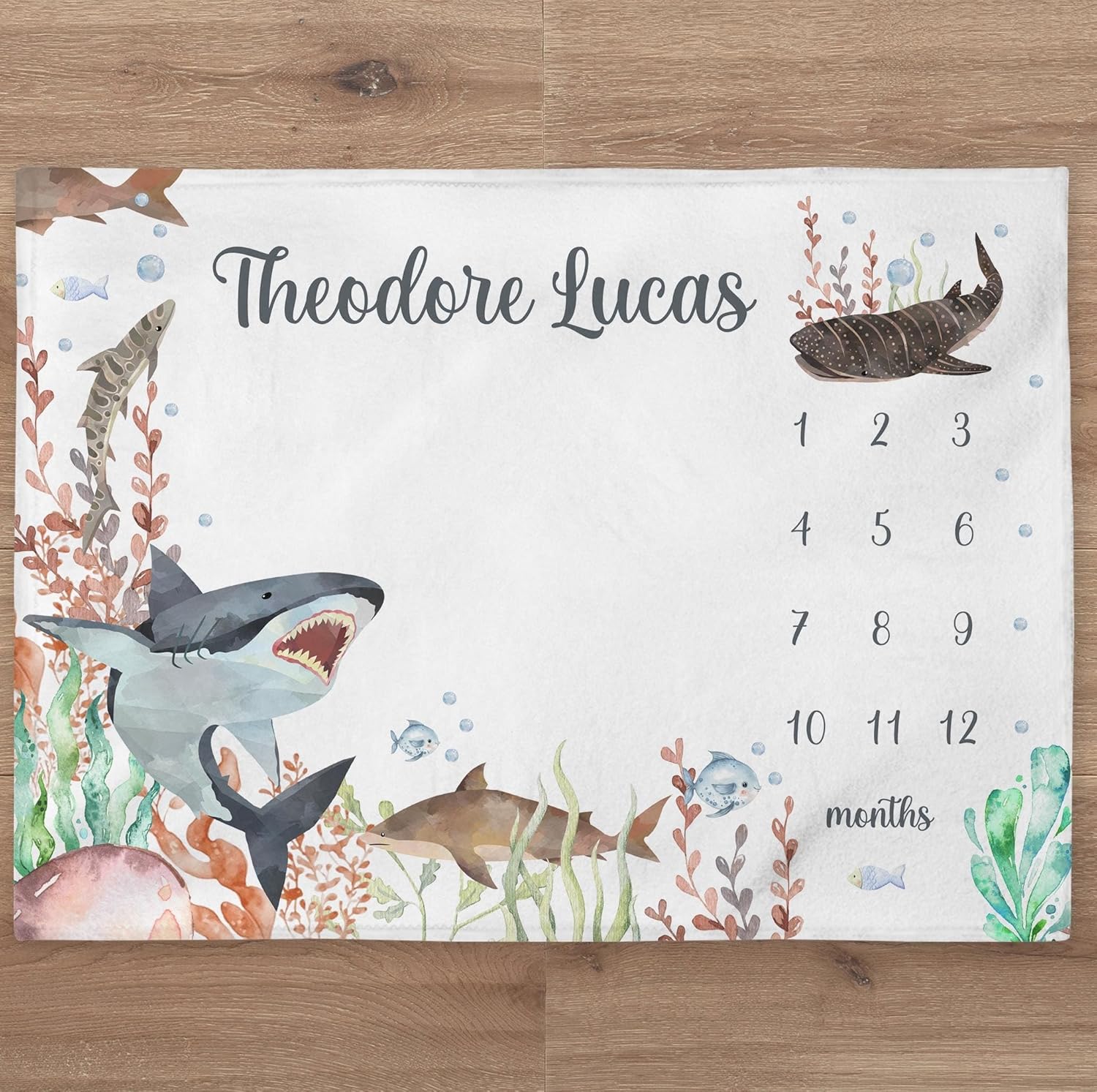 Shark Milestone Blanket – Personalized Baby Boy Under The Sea Blanket with Sharks & Fish – Ocean Baby Shower Keepsake Gift