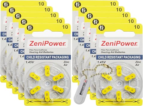 ZeniPower 60 Hearing Aid Batteries Size 10 + Battery Holder Keychain Kit