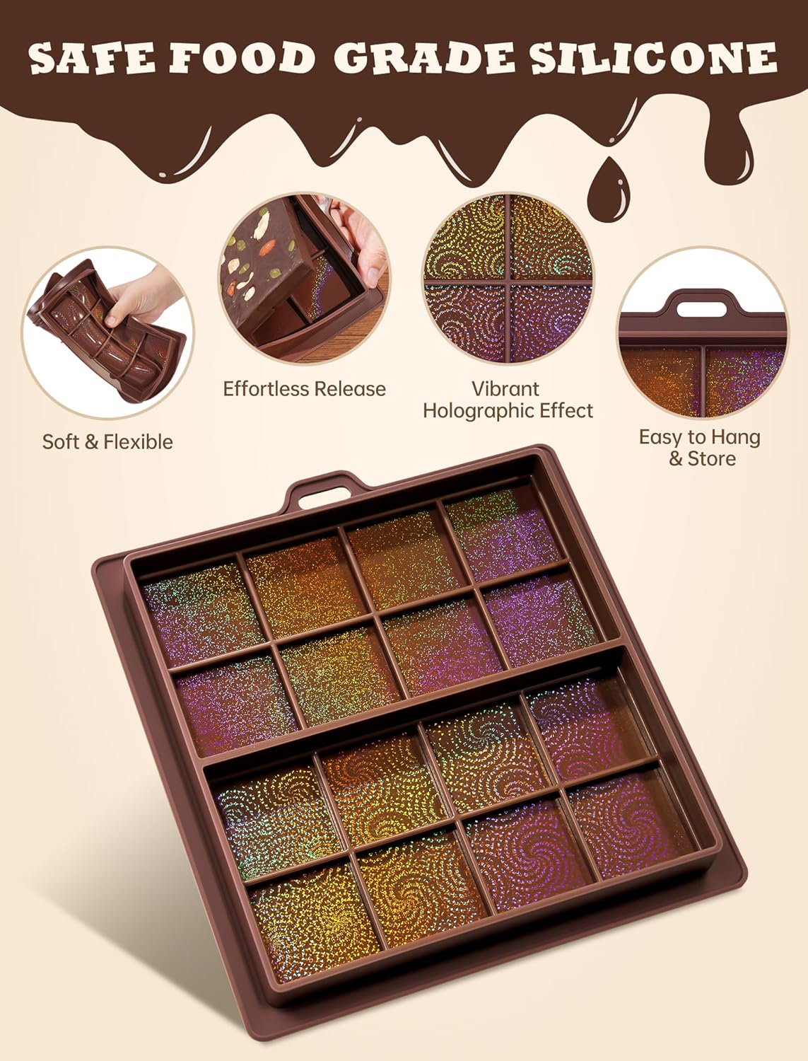 NiHome 0.67 Inch Holographic Dubai Chocolate Molds, Silicone Chocolate Bar Mold for Black Chocolate, Dishwasher Safe & Wall Hanging, Christmas Valentine Gift (Swirl and Sandy Pattern)