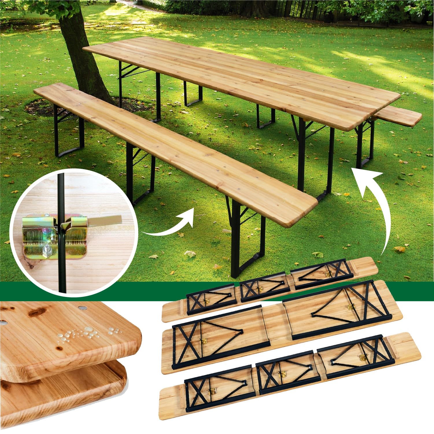 Crisalide® Set Birreria Pieghevole in Legno di Abete Tavolo 220 cm con 2 Panche Struttura in Acciaio Rinforzato 70x80 cm